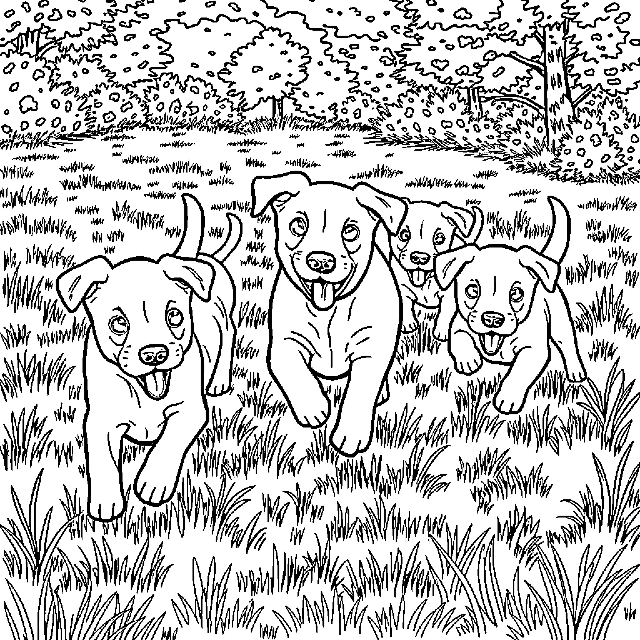 Dog trio frolicking in the meadow Coloring Page (free black-and-white line drawing printable PDF for all, from beginners to advanced learners, including children, teens, adults, and seniors)