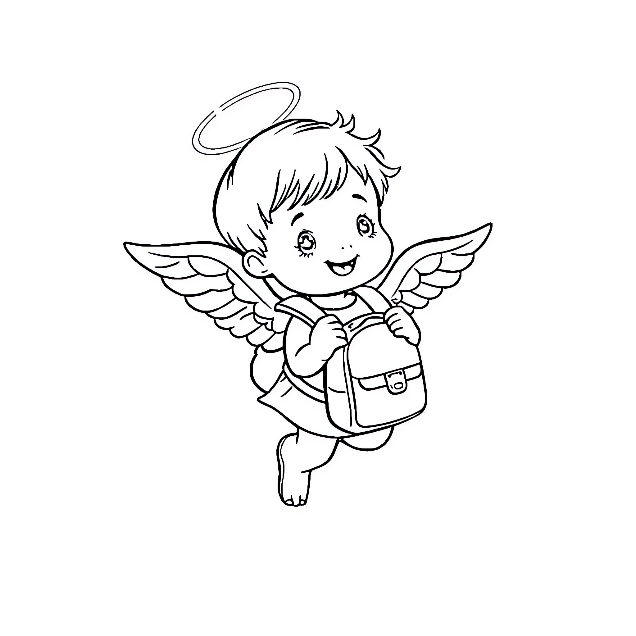 Baby Angel Happily Flying with Wings Coloring Page (free black-and-white line drawing printable PDF for all, from beginners to advanced learners, including children, teens, adults, and seniors)