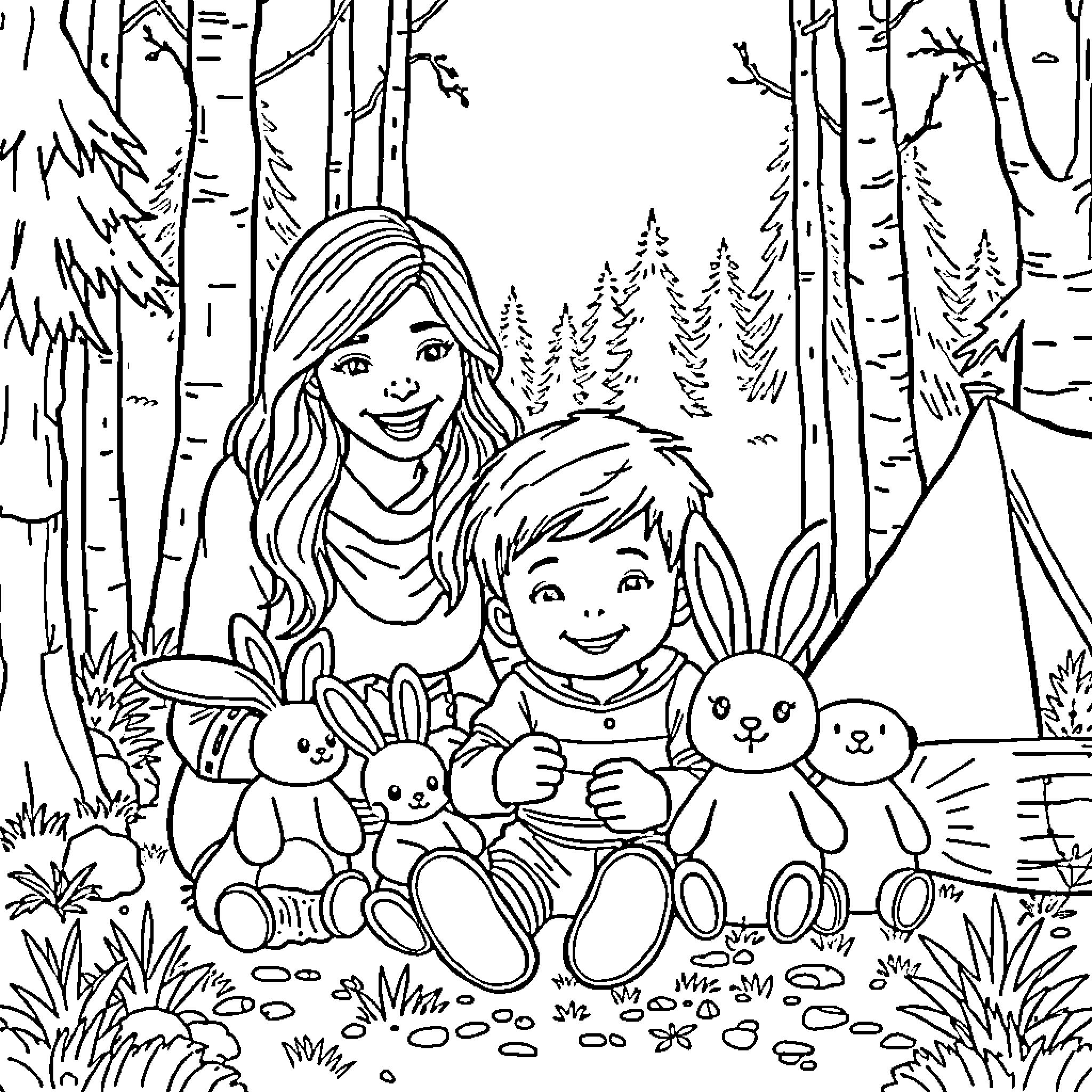 Bunny family enjoying a picnic in the forest Coloring Page (free black-and-white line drawing printable PDF for all, from beginners to advanced learners, including children, teens, adults, and seniors)