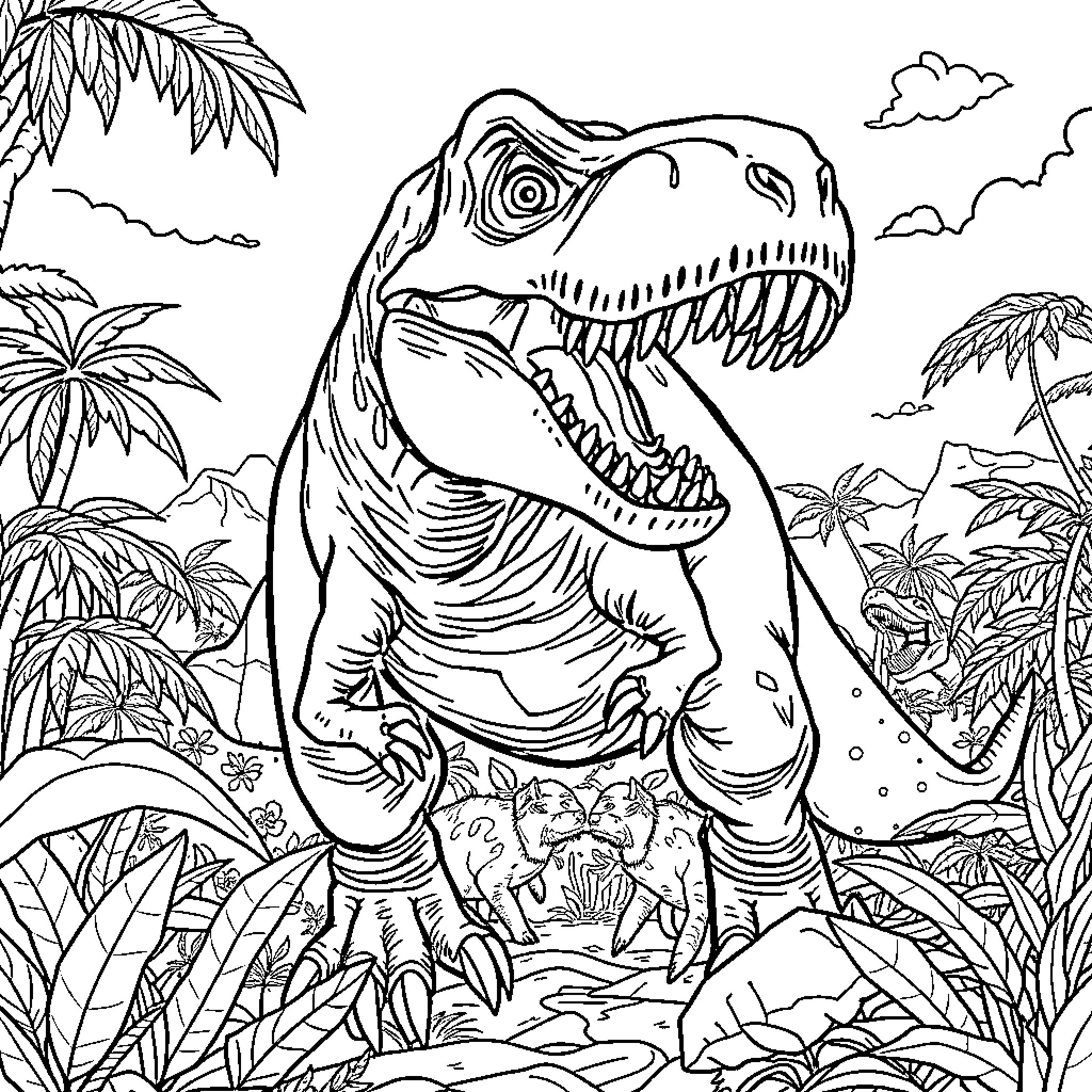Dinosaur Roars in Prehistoric Jungle Landscape Coloring Page (free black-and-white line drawing printable PDF for all, from beginners to advanced learners, including children, teens, adults, and seniors)