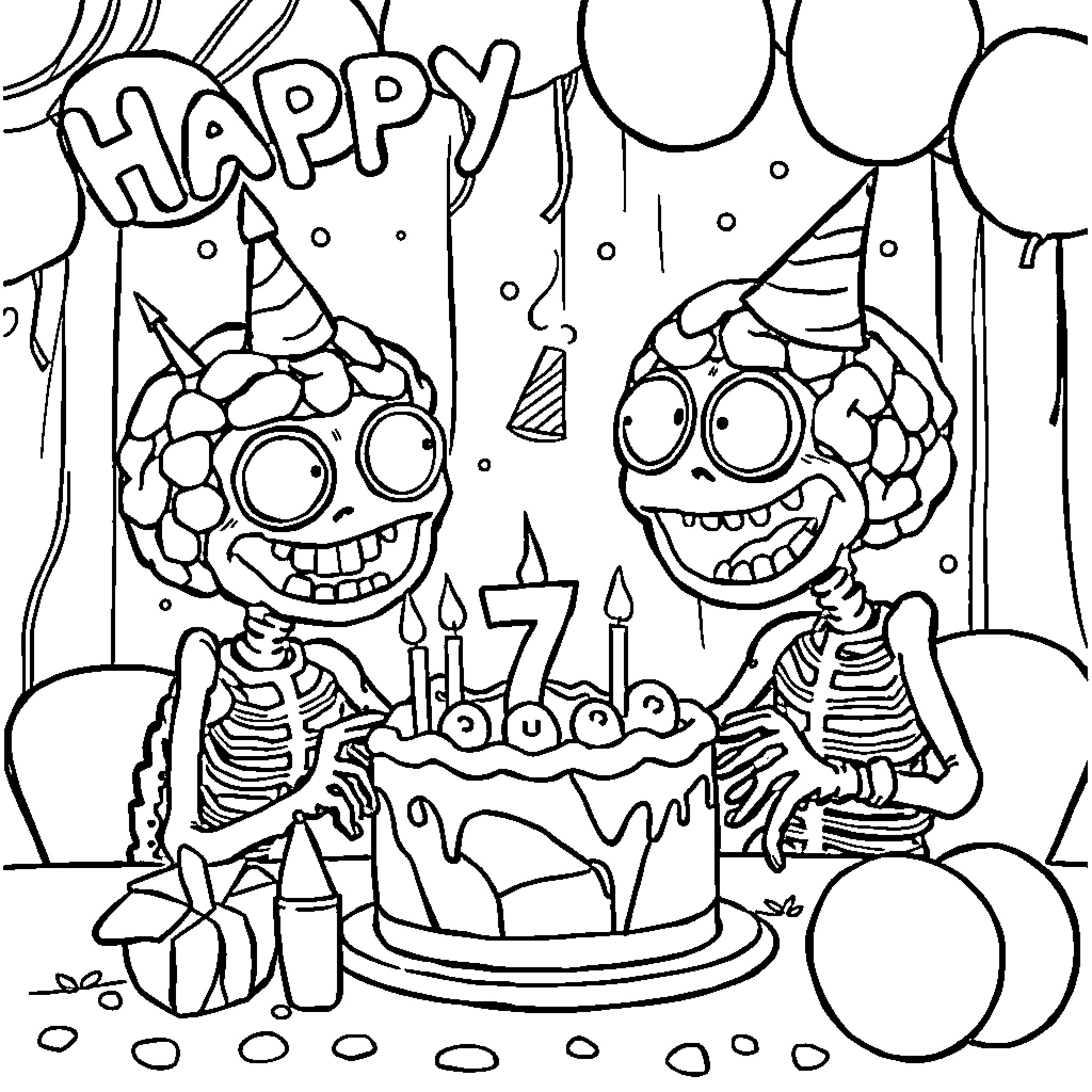 Brain Rot Celebration with Skeleton Monsters Coloring Page (free black-and-white line drawing printable PDF for all, from beginners to advanced learners, including children, teens, adults, and seniors)