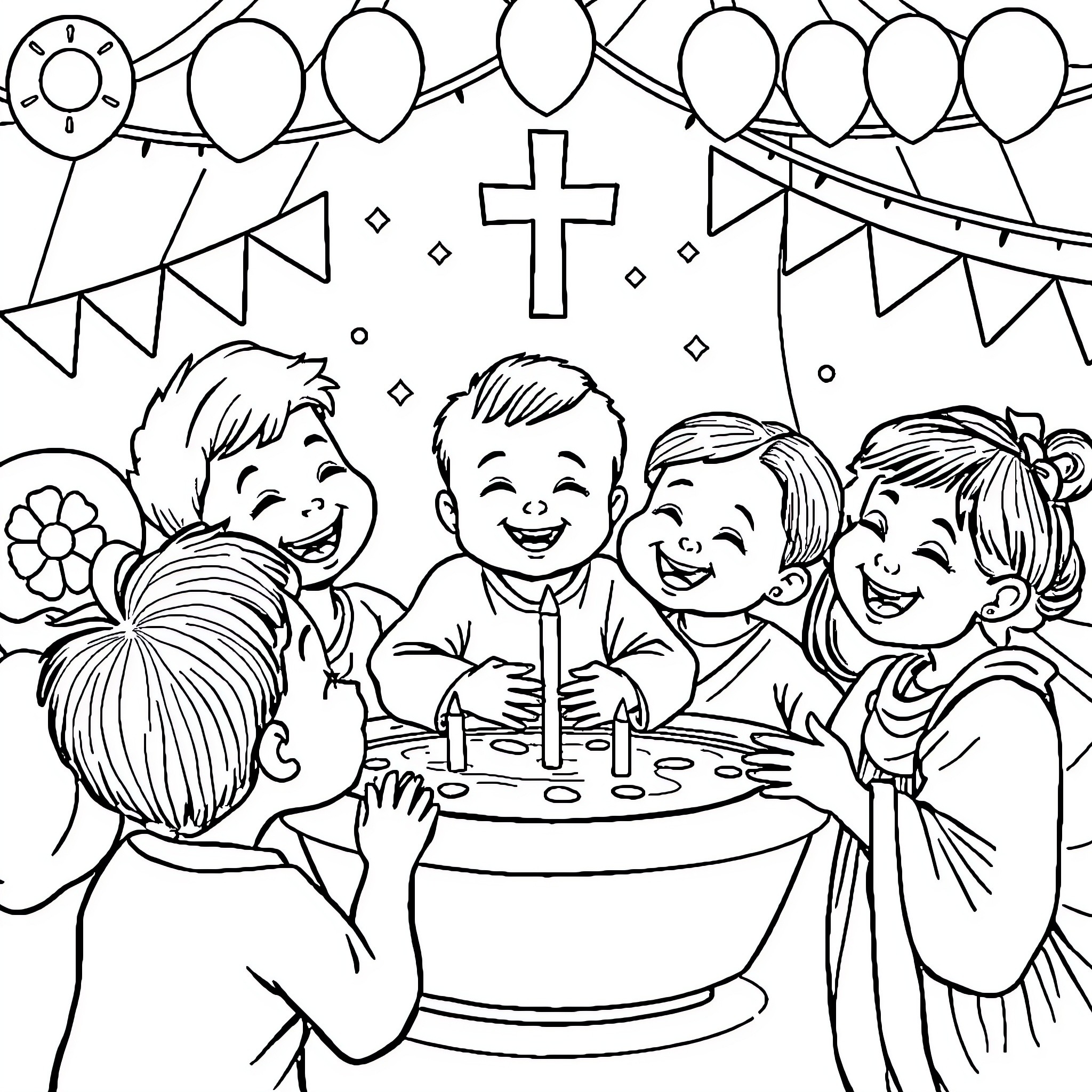 Baptism celebration with joyful children Coloring Page (free black-and-white line drawing printable PDF for all, from beginners to advanced learners, including children, teens, adults, and seniors)