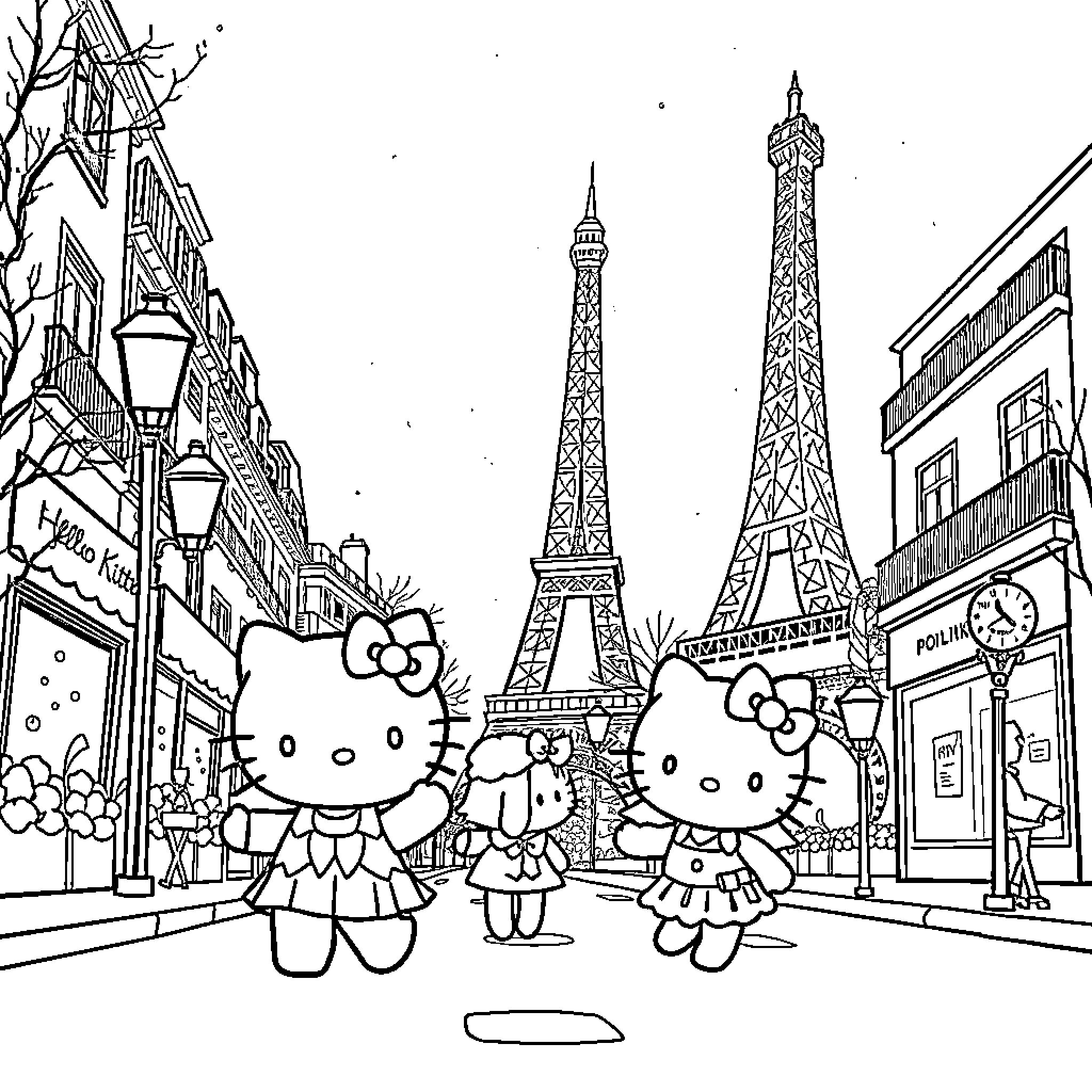 Hello Kitty enjoying a Paris adventure Coloring Page (free black-and-white line drawing printable PDF for all, from beginners to advanced learners, including children, teens, adults, and seniors)