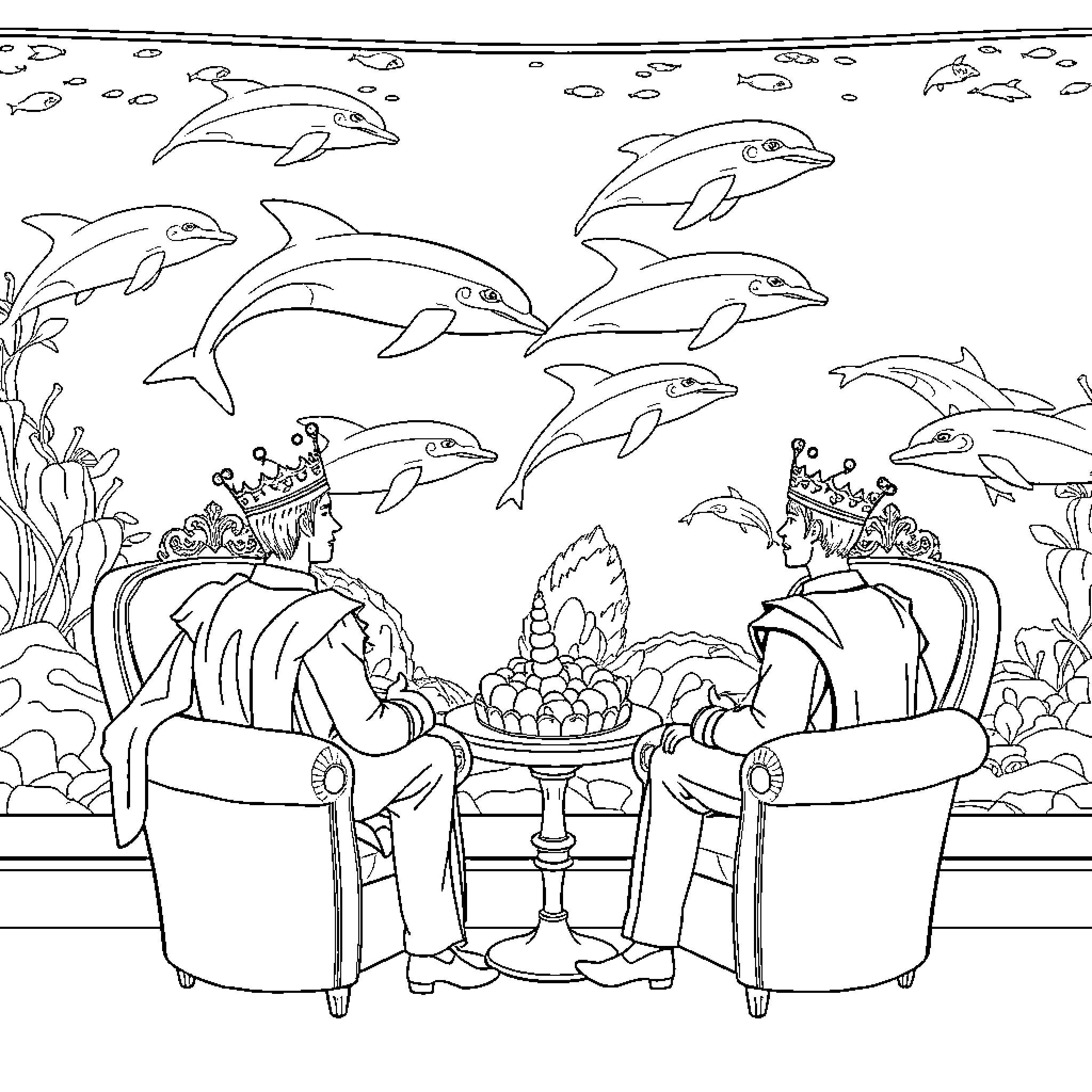 Prince Enjoying an Underwater Feast with Dolphin Companions Coloring Page (free black-and-white line drawing printable PDF for all, from beginners to advanced learners, including children, teens, adults, and seniors)