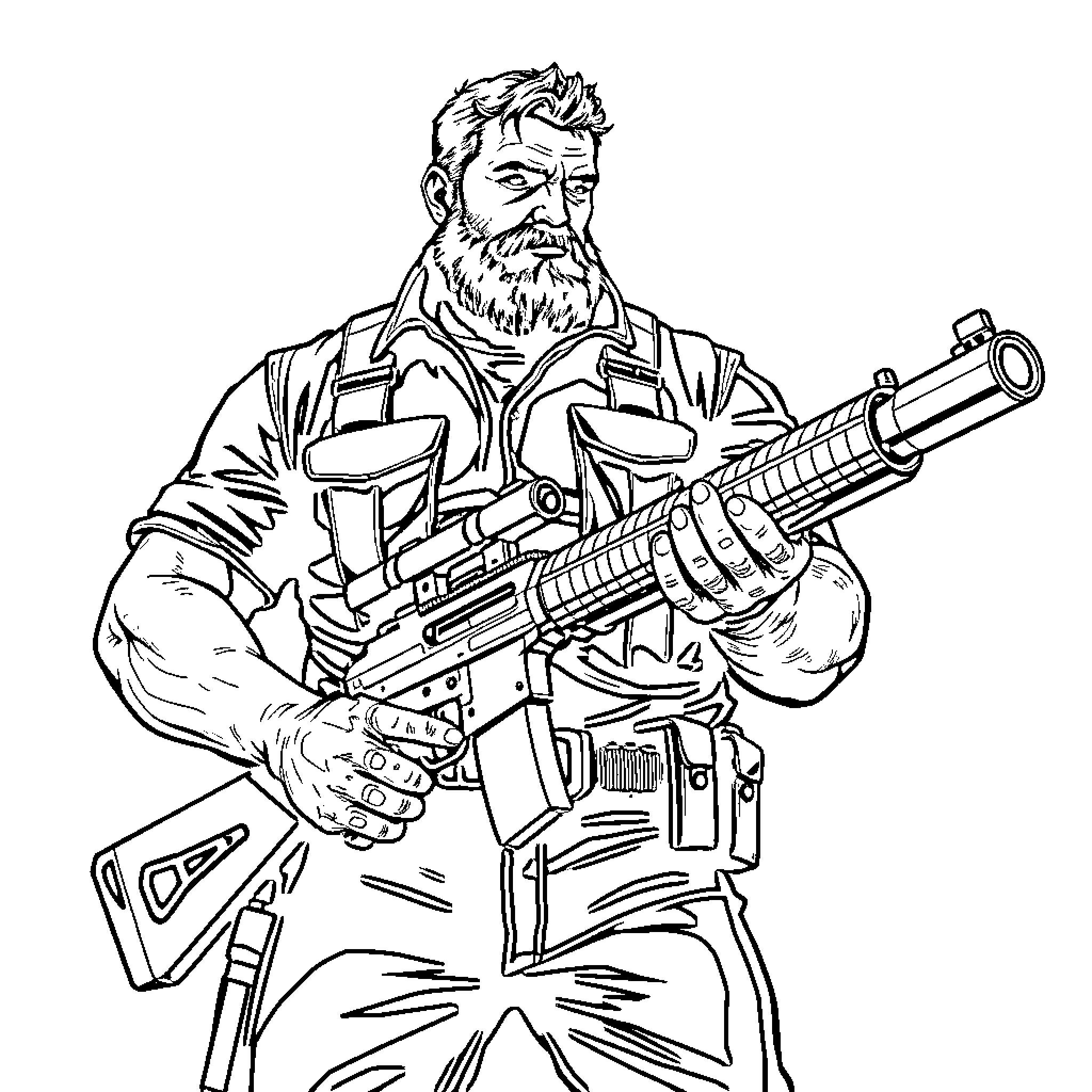 Man armed with assault weapon in serious pose Coloring Page (free black-and-white line drawing printable PDF for all, from beginners to advanced learners, including children, teens, adults, and seniors)