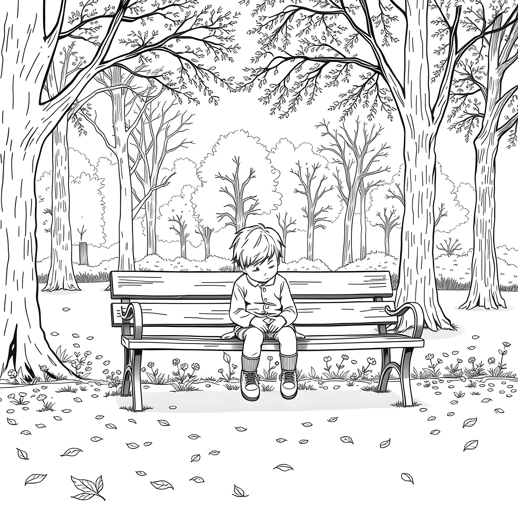 Child sitting alone on a bench in the forest Coloring Page (free black-and-white line drawing printable PDF for all, from beginners to advanced learners, including children, teens, adults, and seniors)