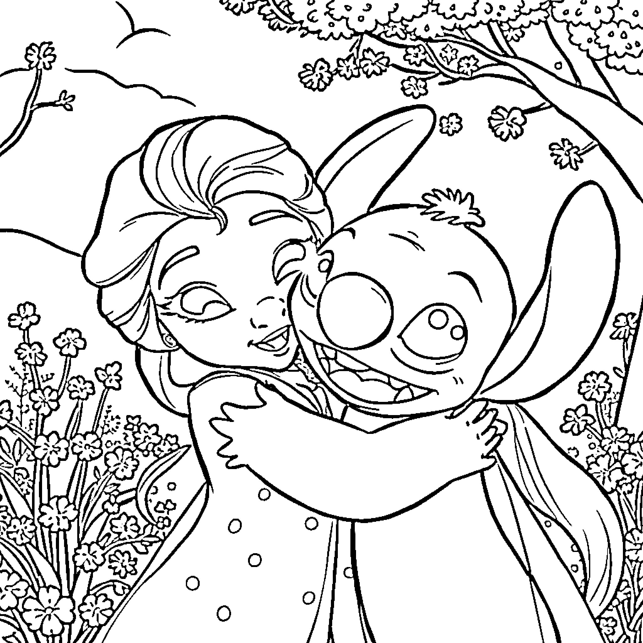 Elsa and Stitch embrace in a floral garden Coloring Page (free black-and-white line drawing printable PDF for all, from beginners to advanced learners, including children, teens, adults, and seniors)