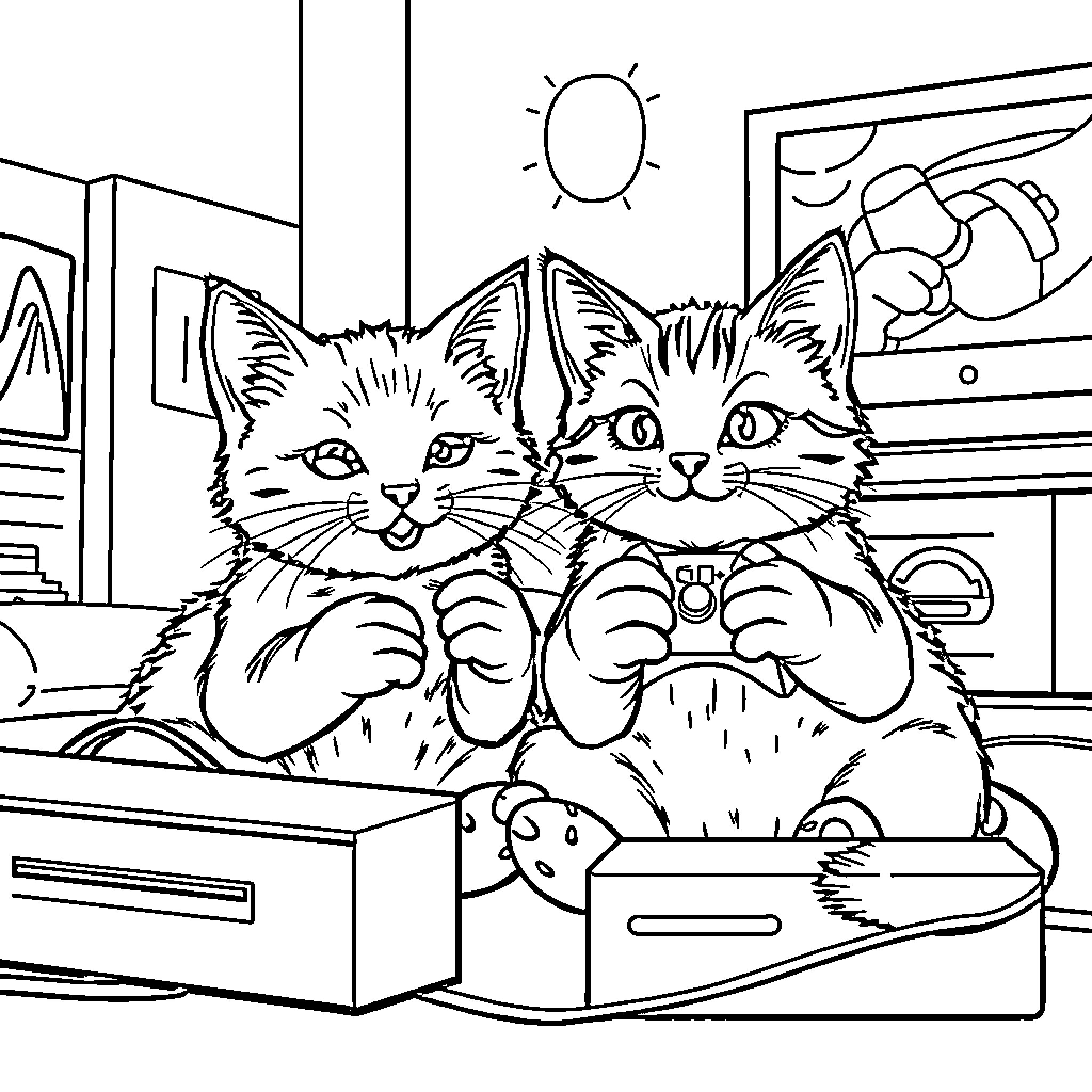 Cat duo relaxing in cozy home setting Coloring Page (free black-and-white line drawing printable PDF for all, from beginners to advanced learners, including children, teens, adults, and seniors)