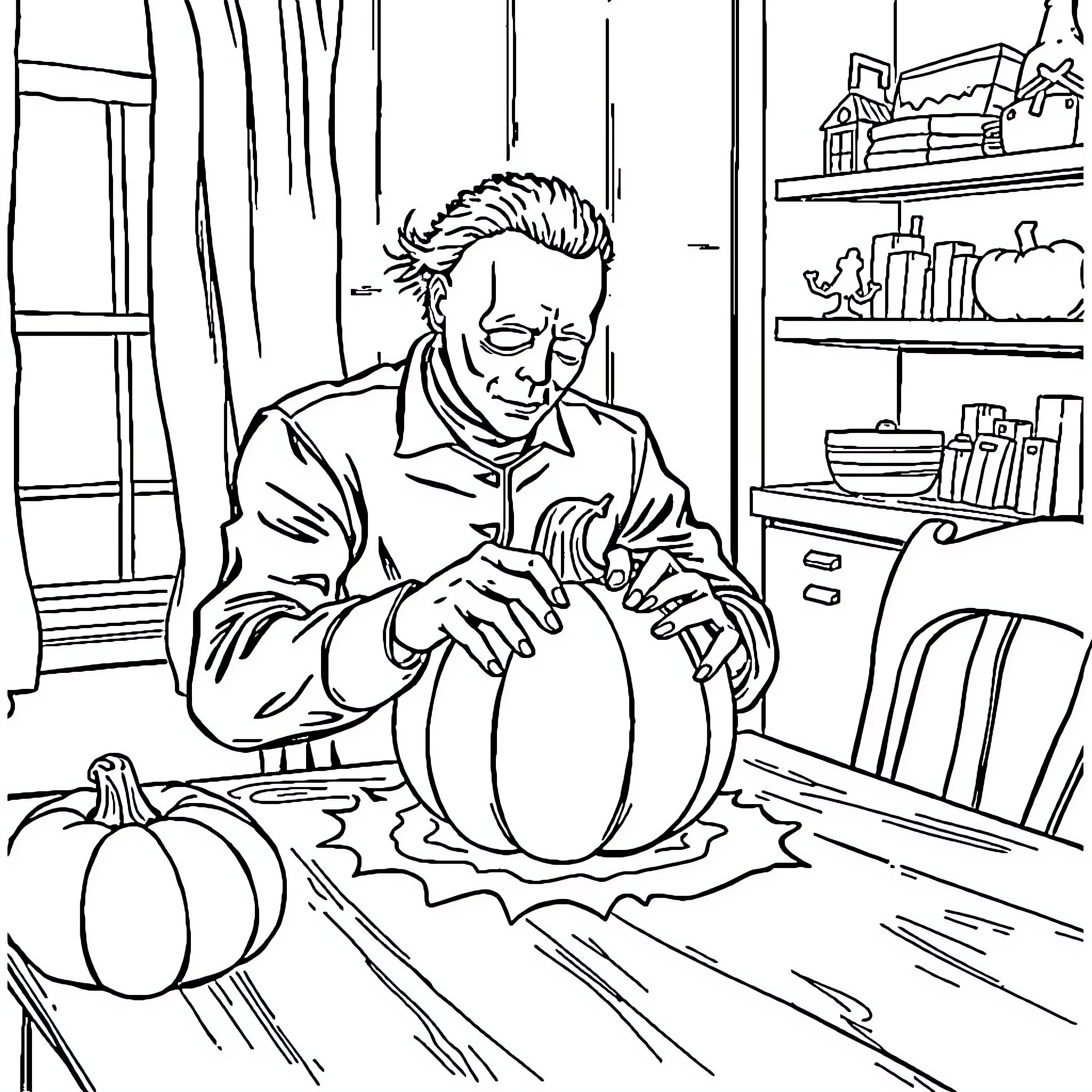 Michael Myers carving a pumpkin in a spooky room Coloring Page (free black-and-white line drawing printable PDF for all, from beginners to advanced learners, including children, teens, adults, and seniors)