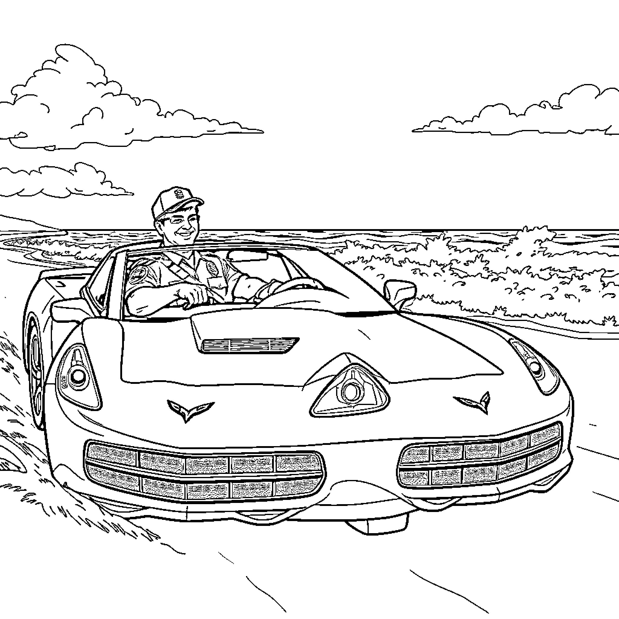 Police Officer Patrolling in Sports Car Coloring Page (free black-and-white line drawing printable PDF for all, from beginners to advanced learners, including children, teens, adults, and seniors)