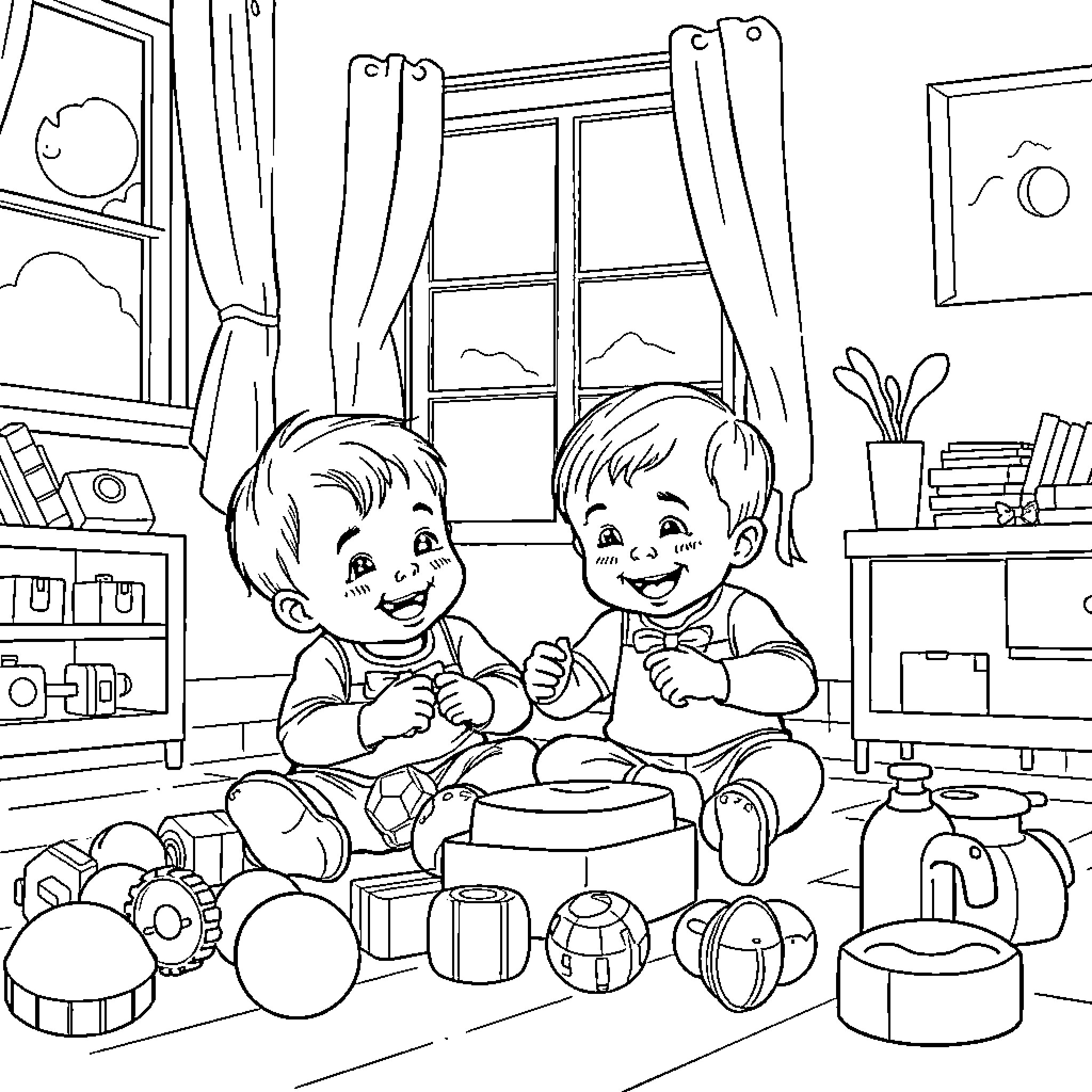 Toddlers playing with toys in a cozy room Coloring Page (free black-and-white line drawing printable PDF for all, from beginners to advanced learners, including children, teens, adults, and seniors)