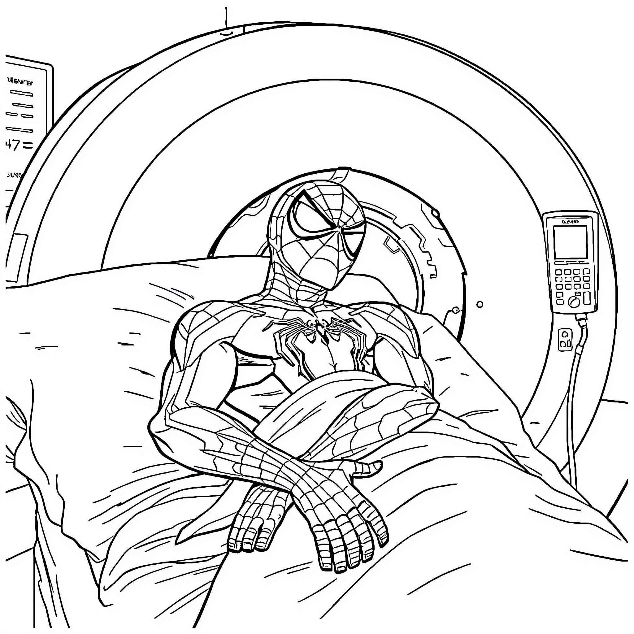 Peter Parker in medical examination Coloring Page (free black-and-white line drawing printable PDF for all, from beginners to advanced learners, including children, teens, adults, and seniors)