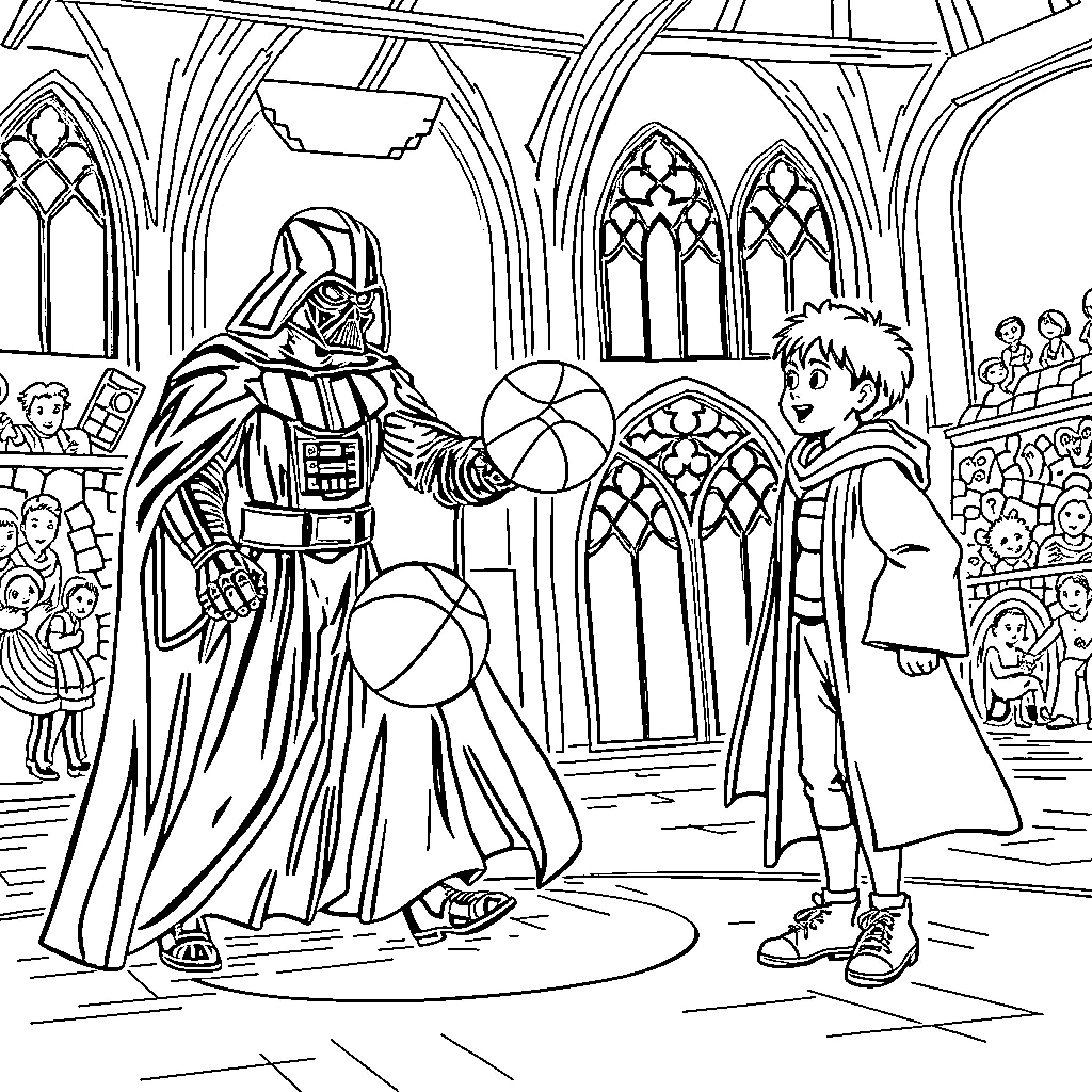 Darth Vader interacts with a young boy in a cathedral-like setting Coloring Page (free black-and-white line drawing printable PDF for all, from beginners to advanced learners, including children, teens, adults, and seniors)