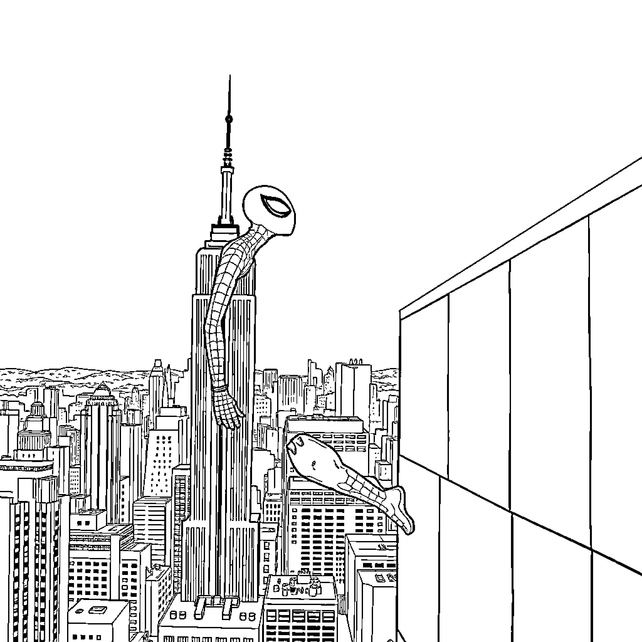 Spiderman overlooking the city skyline Coloring Page (free black-and-white line drawing printable PDF for all, from beginners to advanced learners, including children, teens, adults, and seniors)