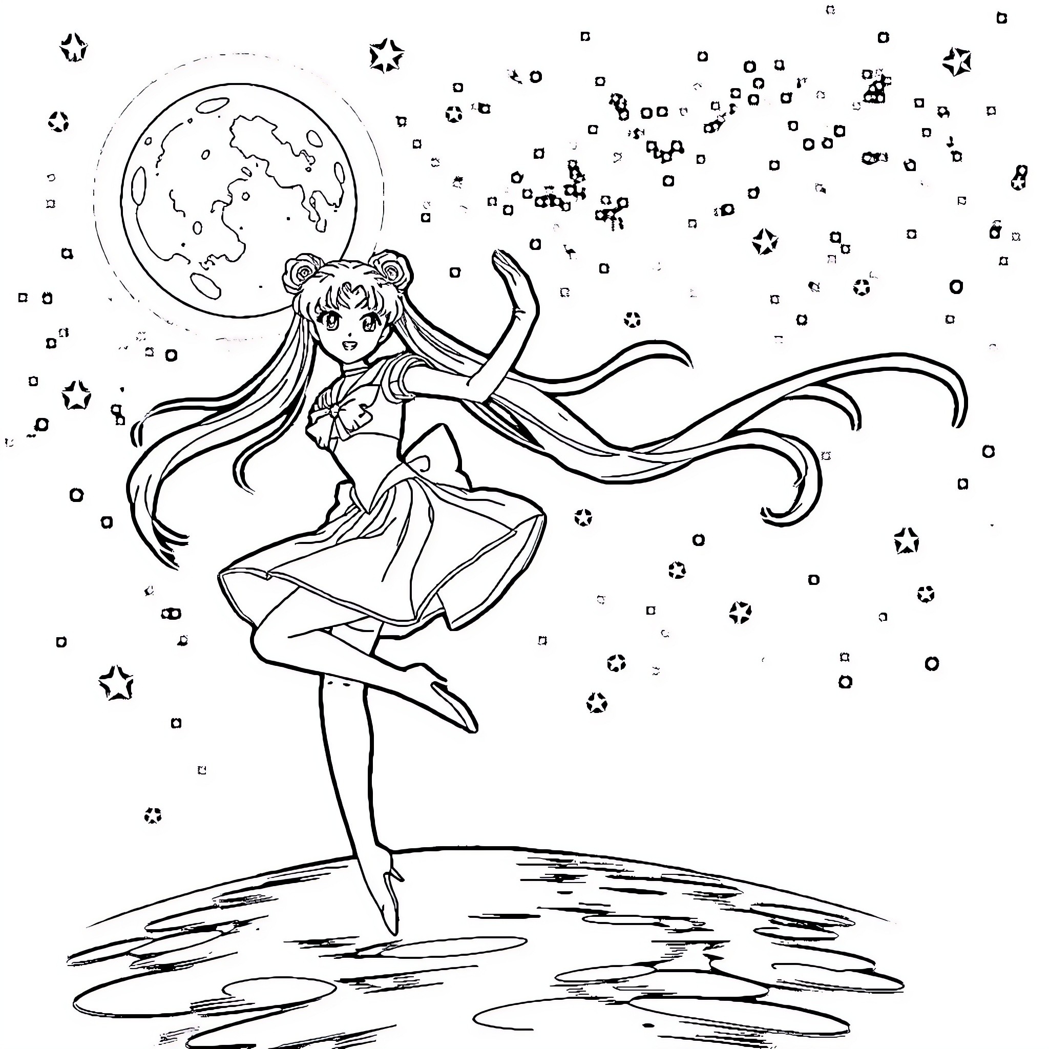 Sailor Moon dancing under the starry night sky Coloring Page (free black-and-white line drawing printable PDF for all, from beginners to advanced learners, including children, teens, adults, and seniors)