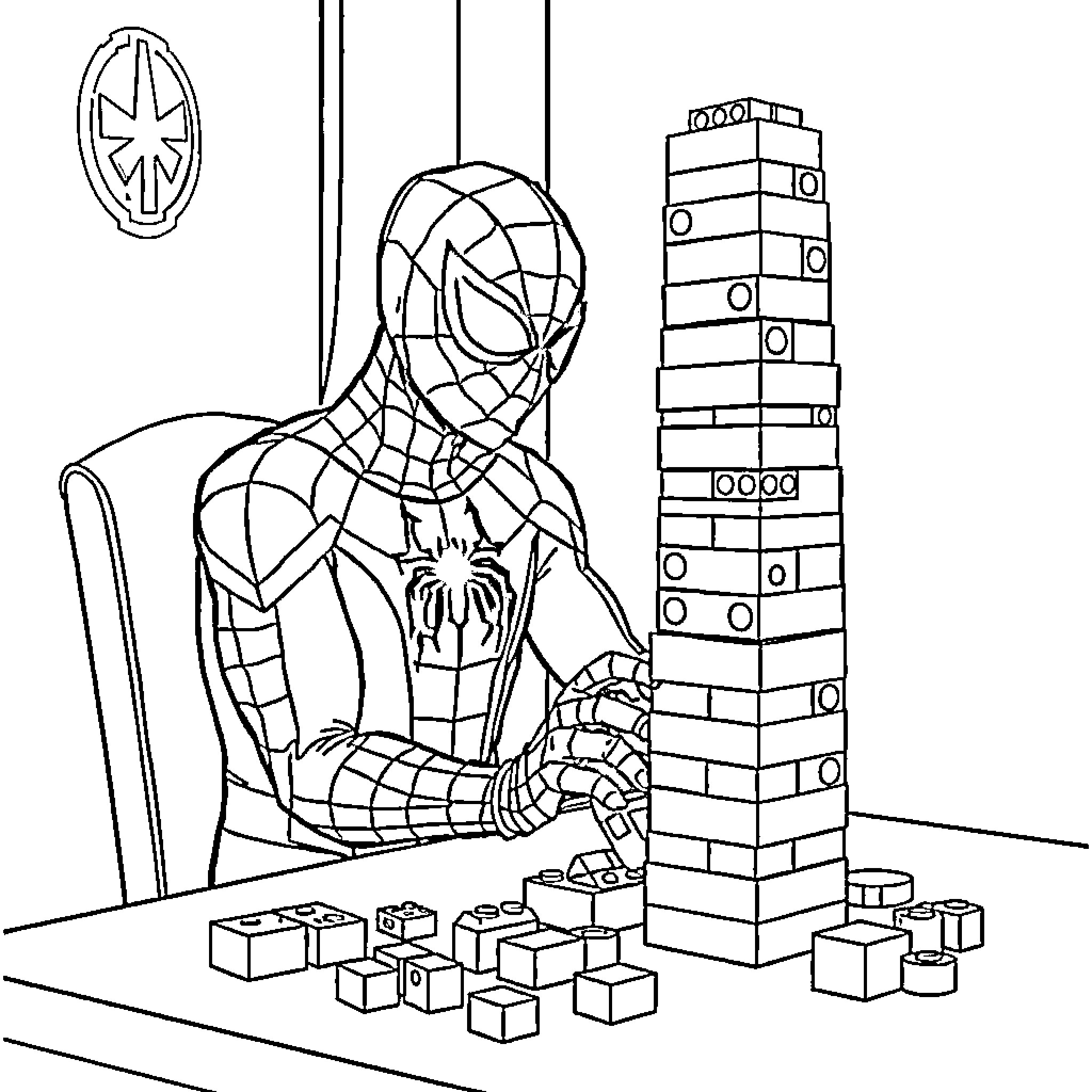 Spiderman building a block tower in his apartment Coloring Page (free black-and-white line drawing printable PDF for all, from beginners to advanced learners, including children, teens, adults, and seniors)