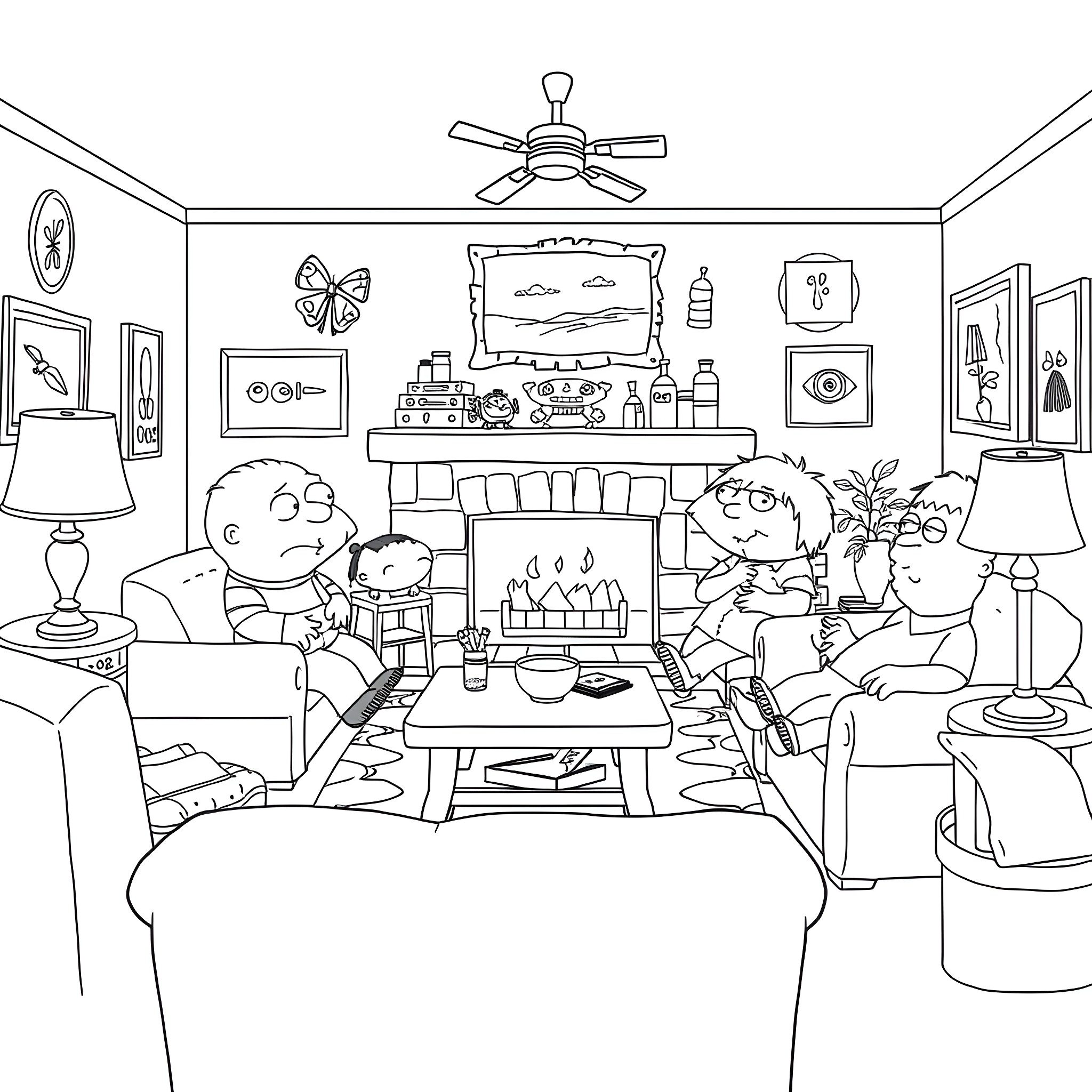 Family Guy Characters Relaxing at Home Coloring Page (free black-and-white line drawing printable PDF for all, from beginners to advanced learners, including children, teens, adults, and seniors)