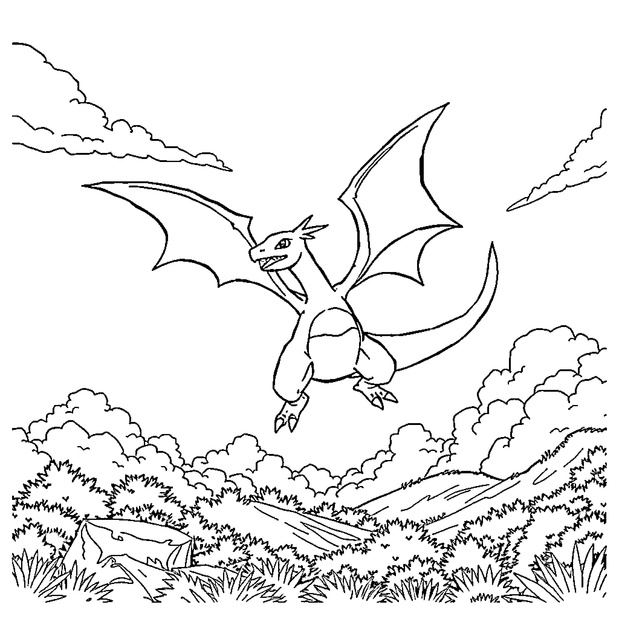 Charizard soaring through the skies over a lush landscape Coloring Page (free black-and-white line drawing printable PDF for all, from beginners to advanced learners, including children, teens, adults, and seniors)