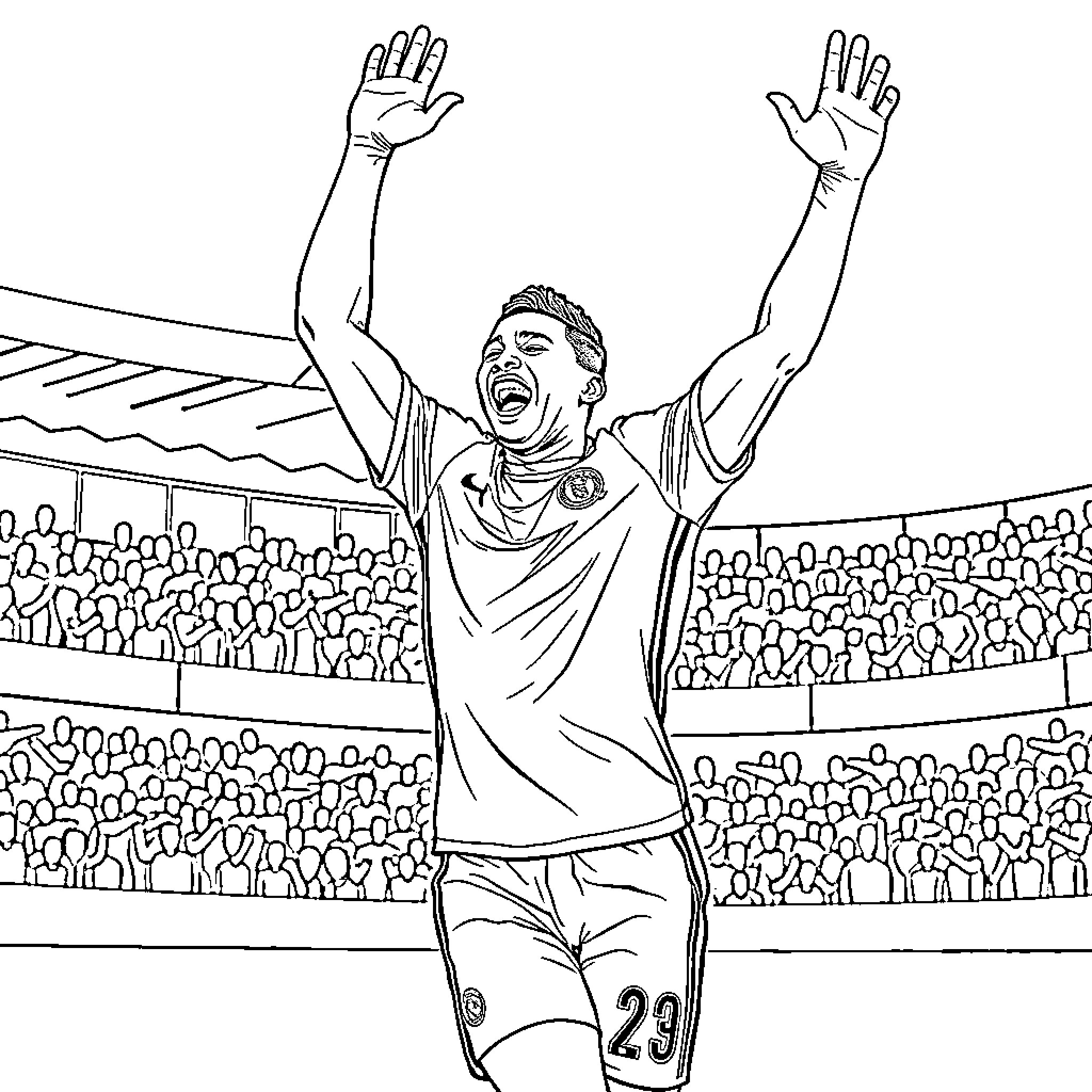 Kylian Mbappe celebrating victory on the pitch Coloring Page (free black-and-white line drawing printable PDF for all, from beginners to advanced learners, including children, teens, adults, and seniors)