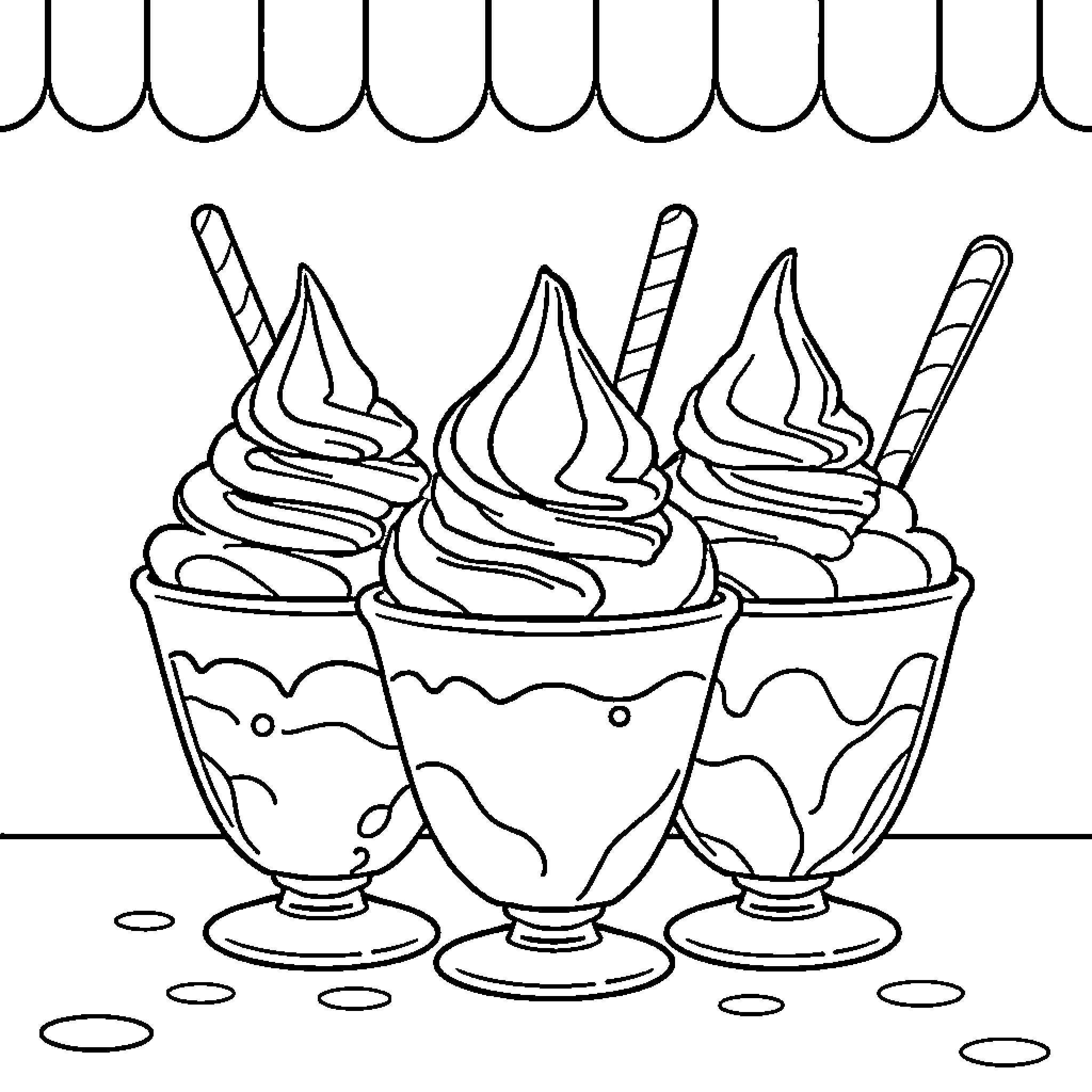 Ice Cream Sundaes with Delightful Toppings Coloring Page (free black-and-white line drawing printable PDF for all, from beginners to advanced learners, including children, teens, adults, and seniors)