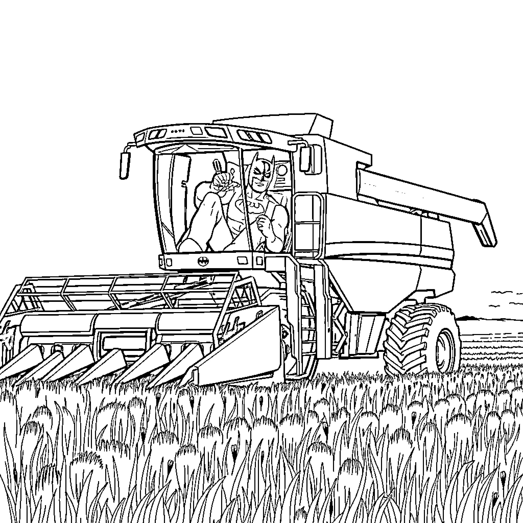 Batman operating a harvesting machine in a wheat field Coloring Page (free black-and-white line drawing printable PDF for all, from beginners to advanced learners, including children, teens, adults, and seniors)