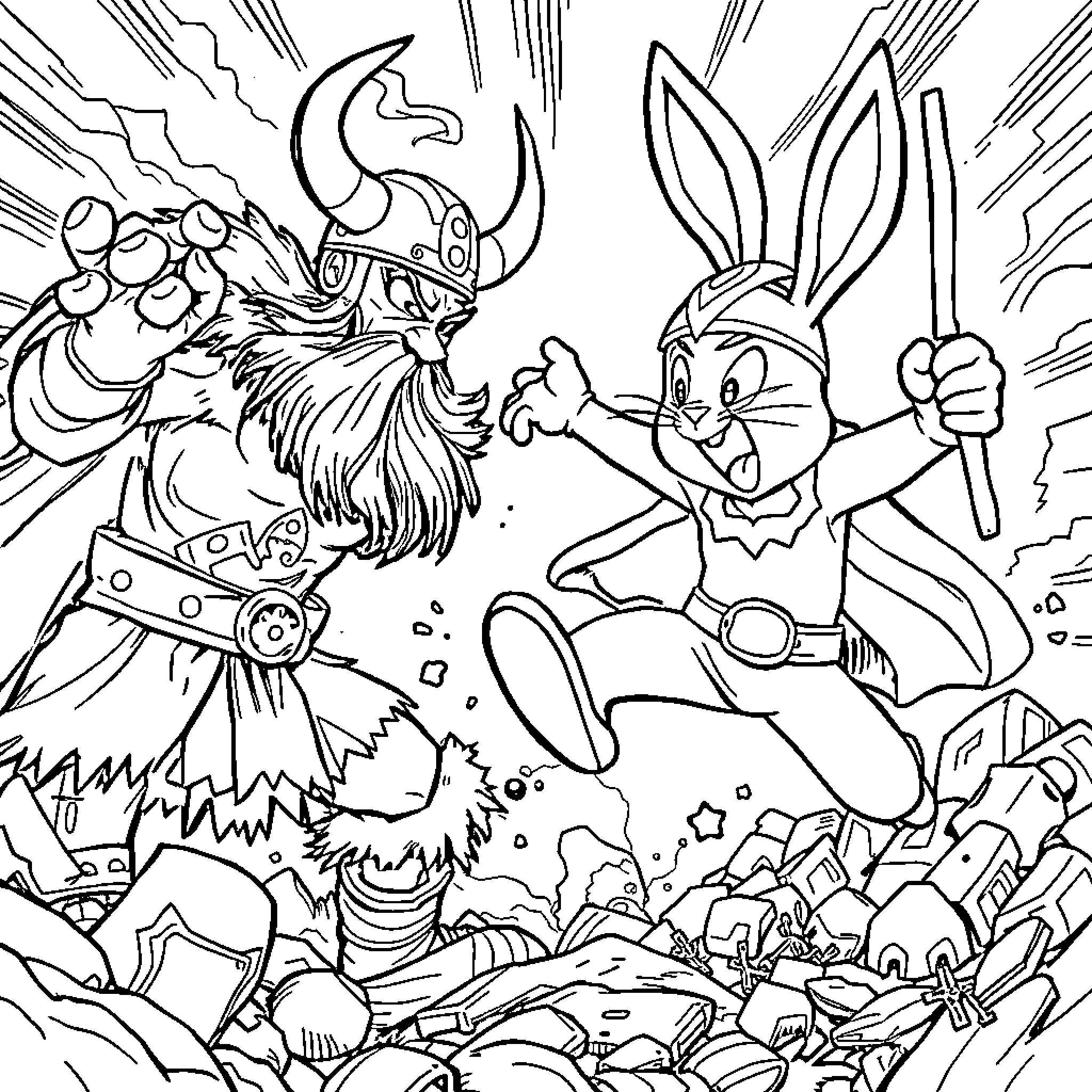 Rabbit hero battling fierce enemy in dramatic scene Coloring Page (free black-and-white line drawing printable PDF for all, from beginners to advanced learners, including children, teens, adults, and seniors)