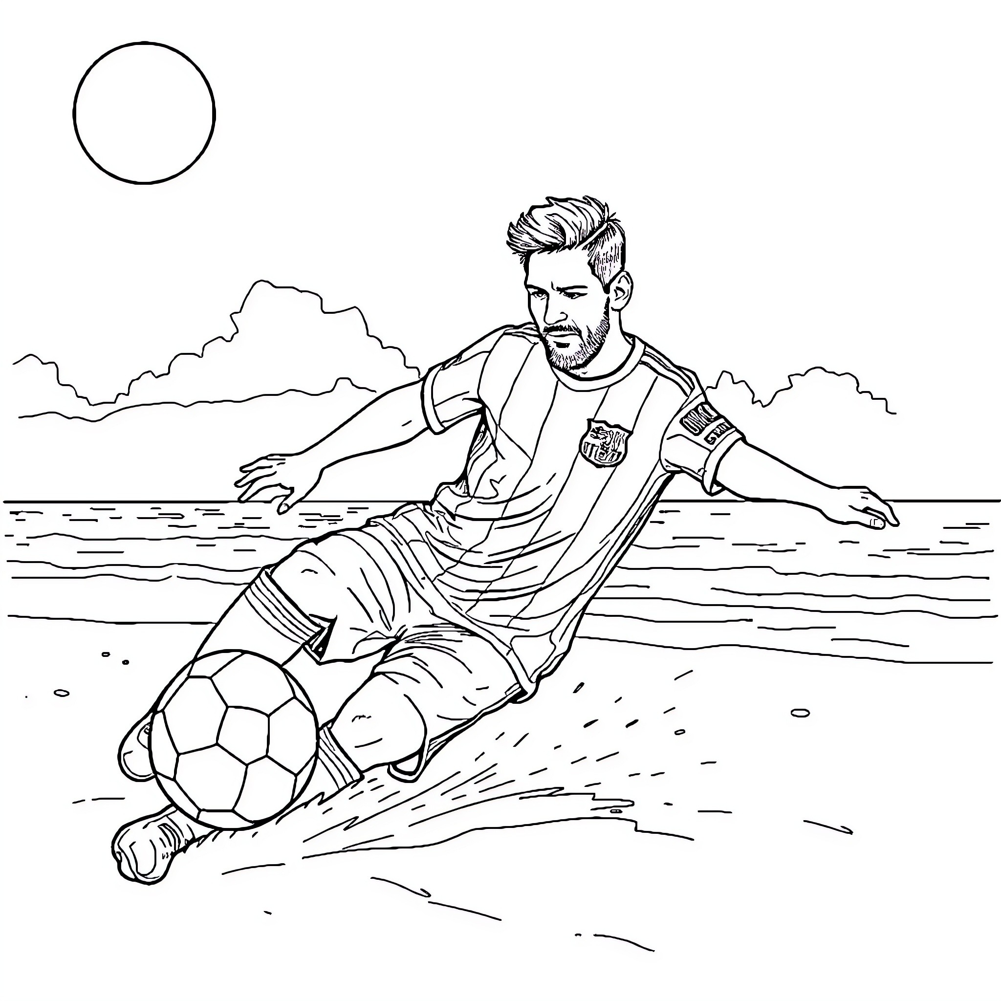 Messi scoring a goal on the beach Coloring Page (free black-and-white line drawing printable PDF for all, from beginners to advanced learners, including children, teens, adults, and seniors)