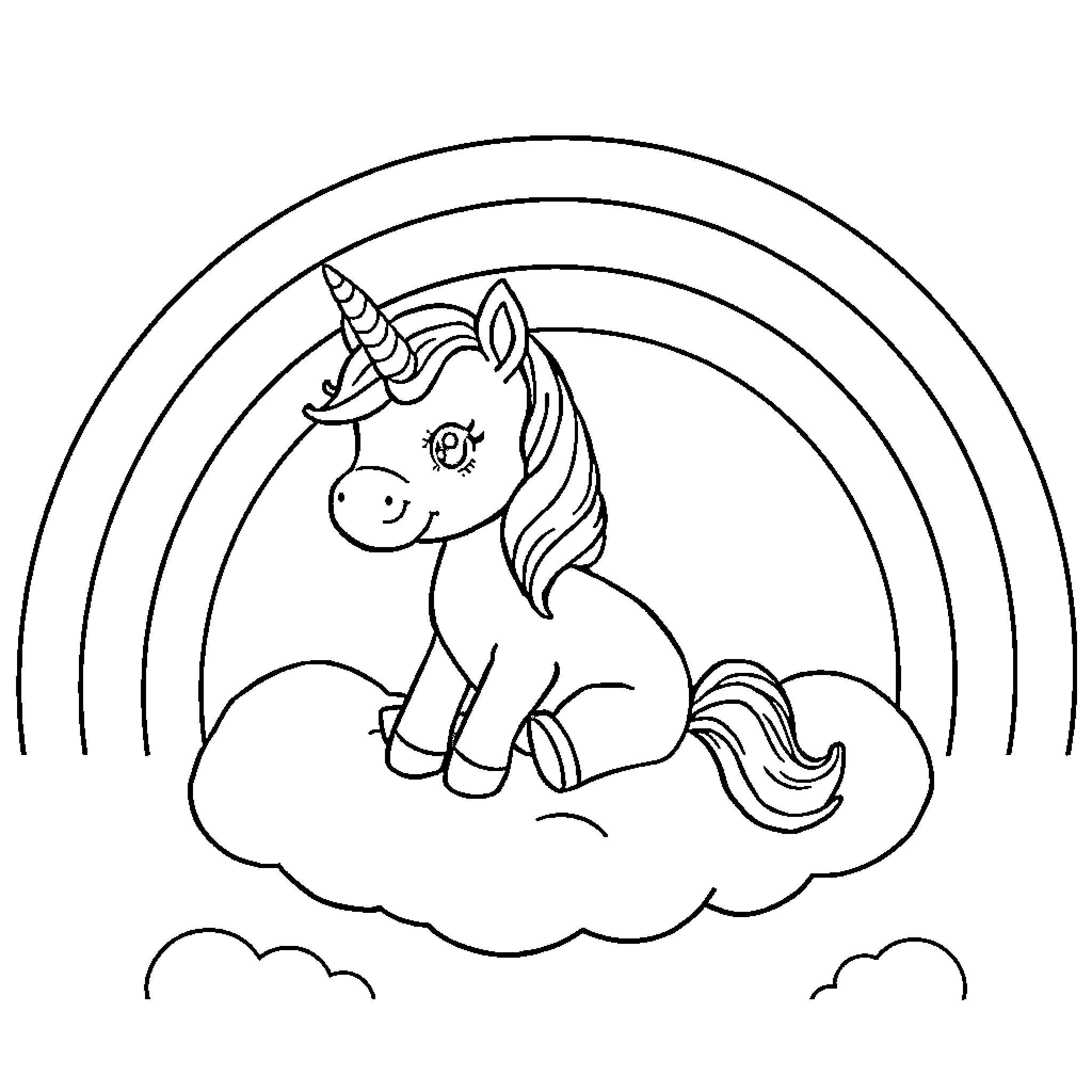 Unicorn resting on cloud beneath rainbow Coloring Page (free black-and-white line drawing printable PDF for all, from beginners to advanced learners, including children, teens, adults, and seniors)