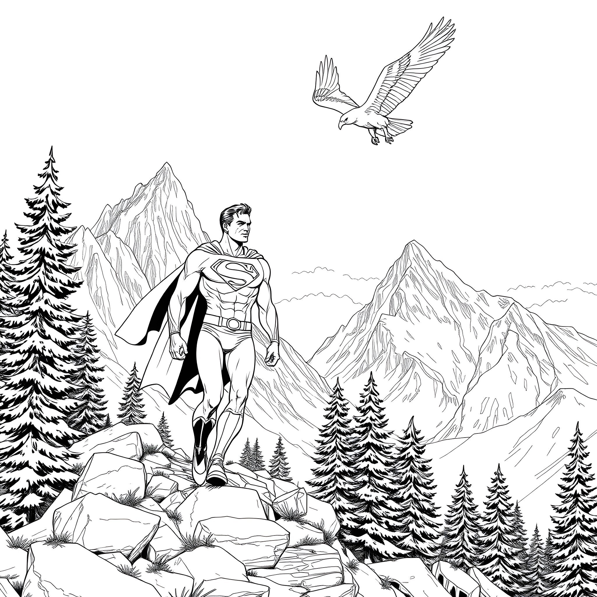Superman soaring over the majestic mountains Coloring Page (free black-and-white line drawing printable PDF for all, from beginners to advanced learners, including children, teens, adults, and seniors)