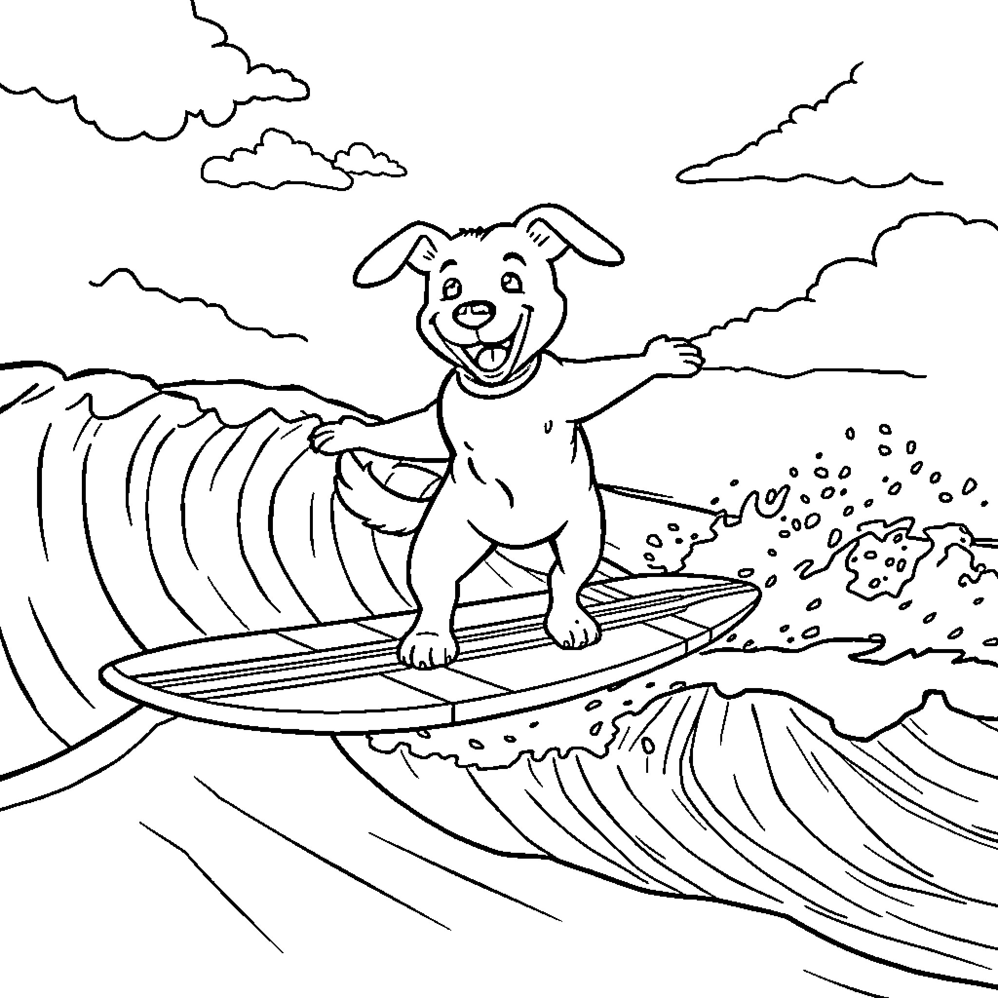 Dog surfing on a wave Coloring Page (free black-and-white line drawing printable PDF for all, from beginners to advanced learners, including children, teens, adults, and seniors)