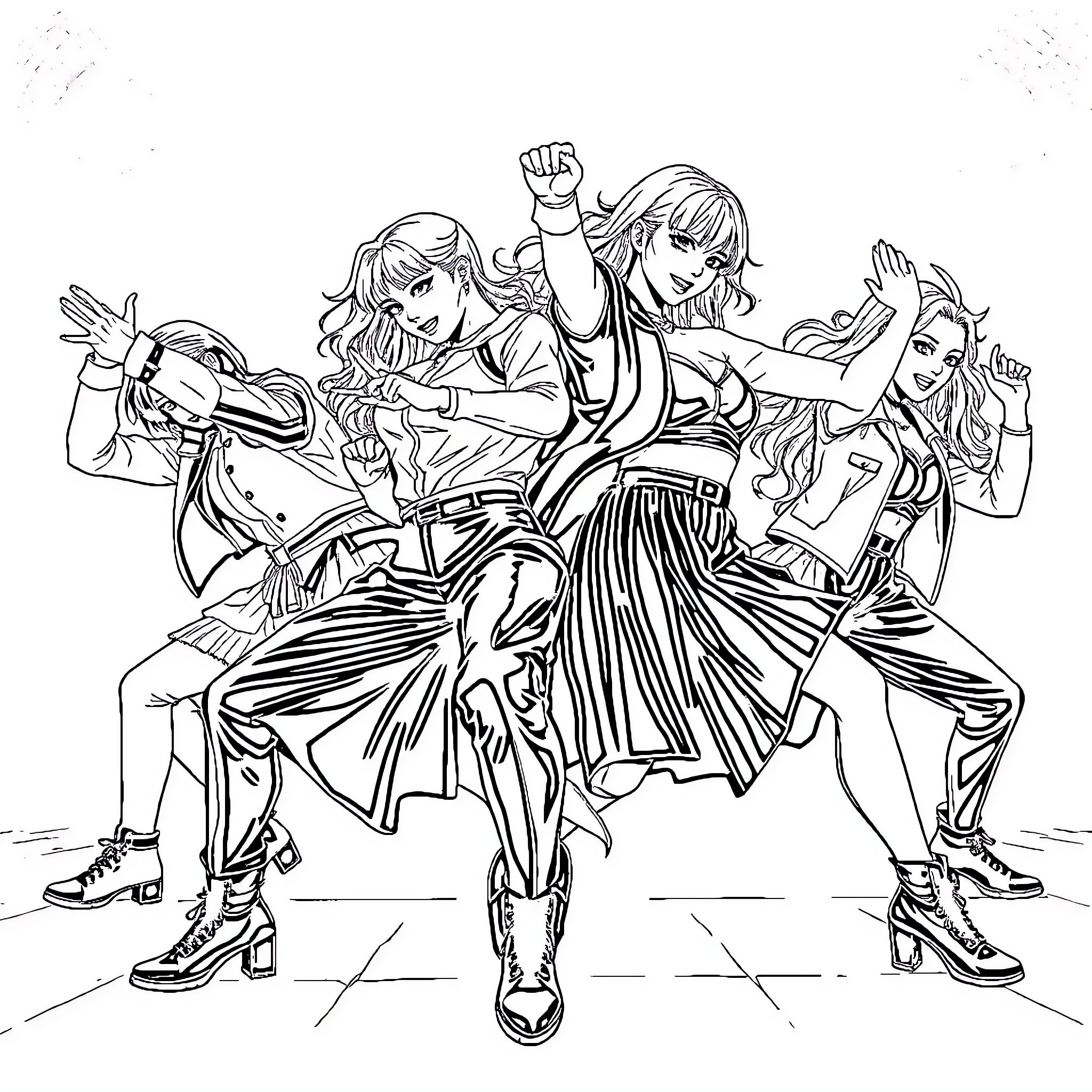 Kpop dance performance with dynamic movements Coloring Page (free black-and-white line drawing printable PDF for all, from beginners to advanced learners, including children, teens, adults, and seniors)