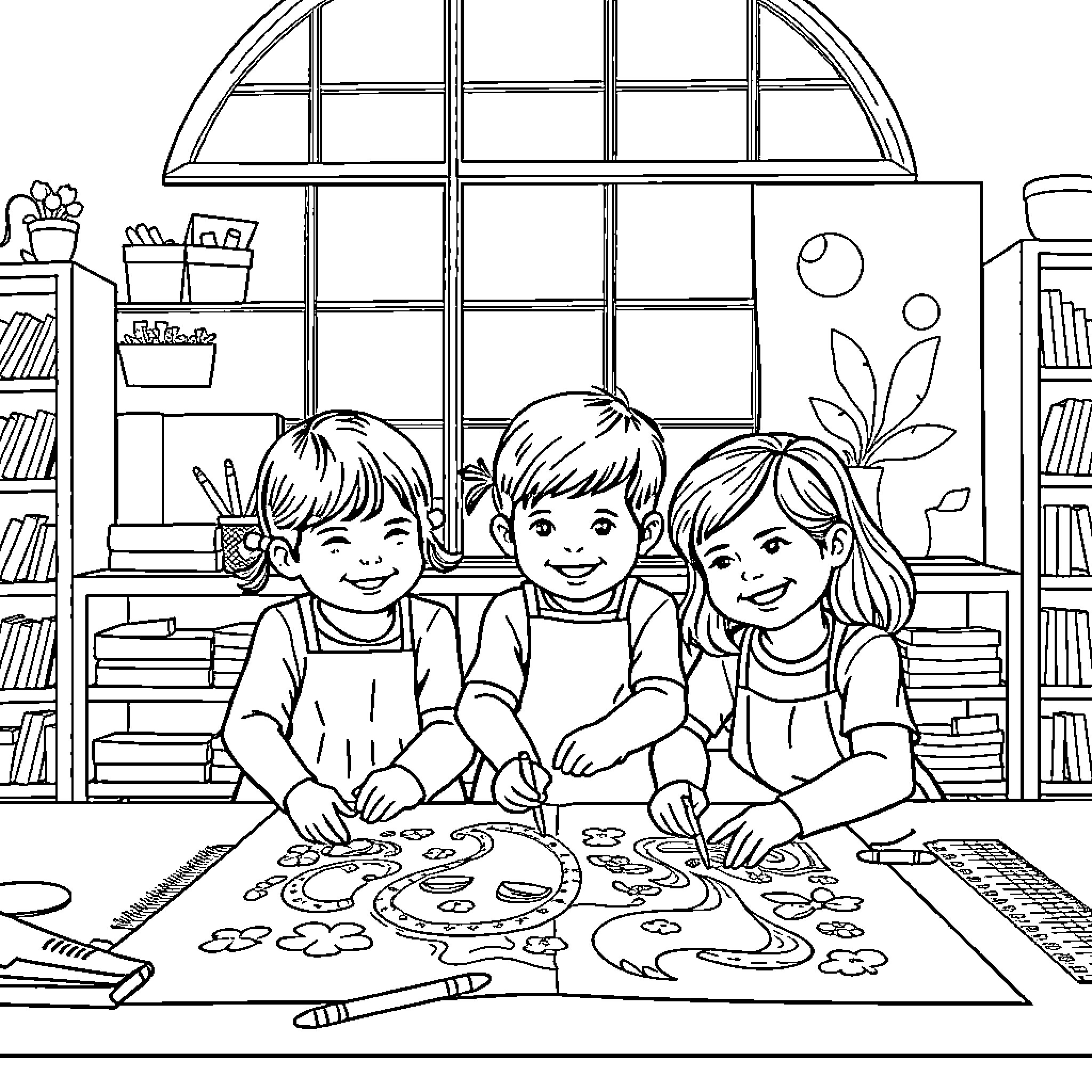 Montessori children exploring art and creativity together Coloring Page (free black-and-white line drawing printable PDF for all, from beginners to advanced learners, including children, teens, adults, and seniors)