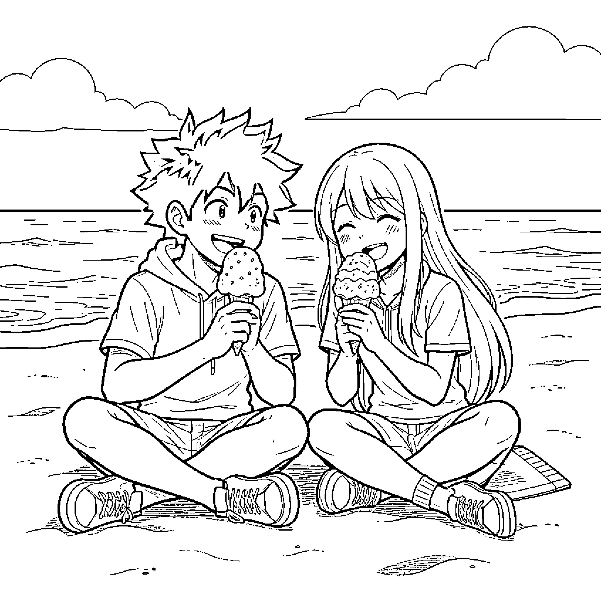 Izuku Midoriya and a girl eating ice cream at the beach Coloring Page (free black-and-white line drawing printable PDF for all, from beginners to advanced learners, including children, teens, adults, and seniors)