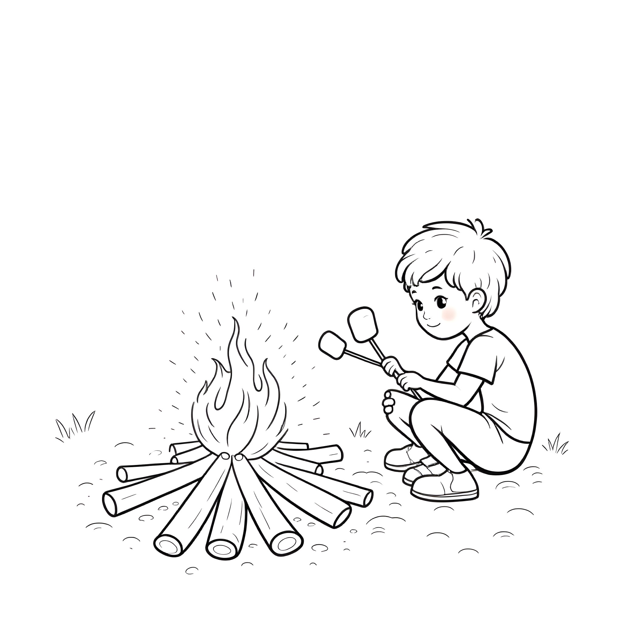 Kid roasting marshmallows over a campfire Coloring Page (free black-and-white line drawing printable PDF for all, from beginners to advanced learners, including children, teens, adults, and seniors)