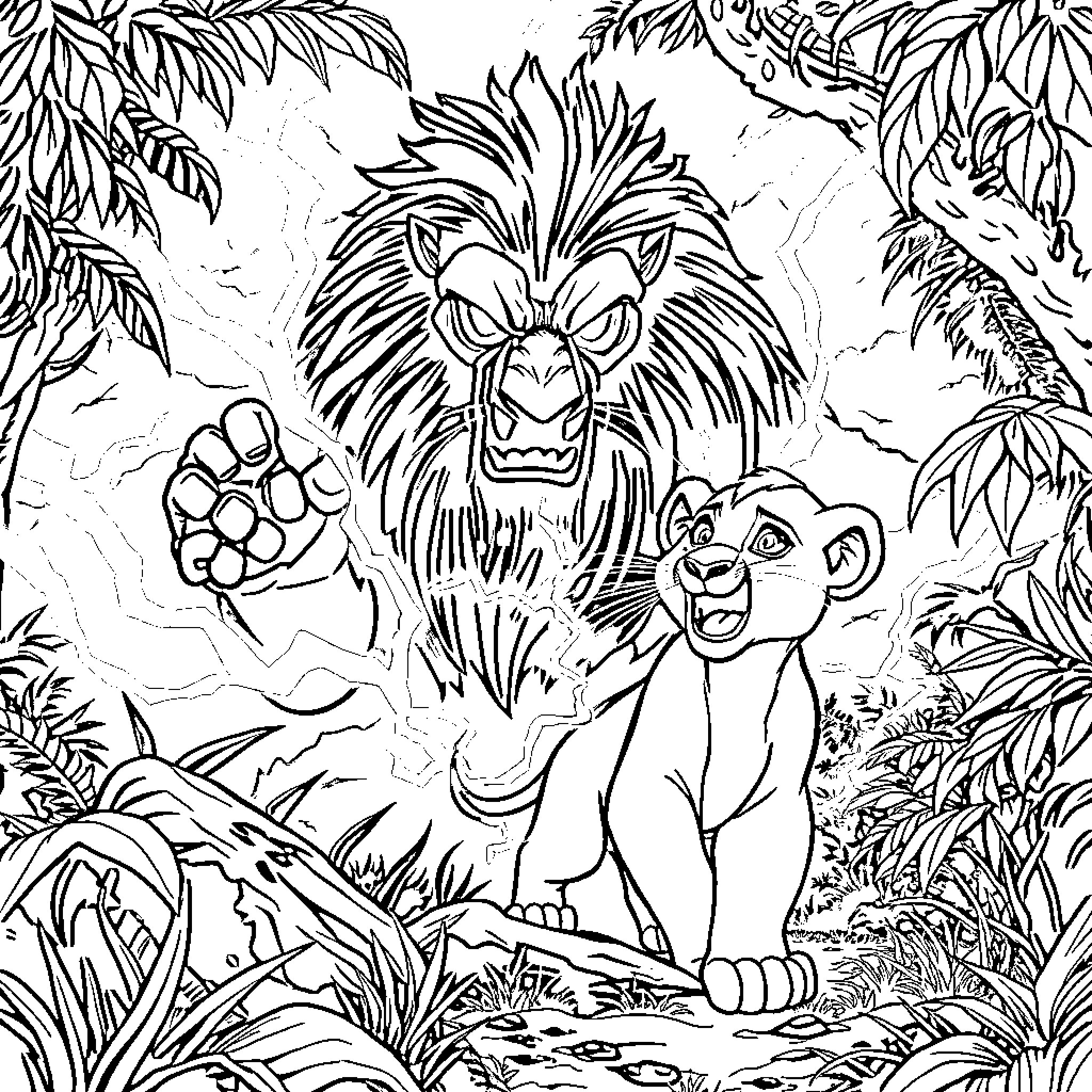 Simba and Mufasa in the Jungle Adventure Coloring Page (free black-and-white line drawing printable PDF for all, from beginners to advanced learners, including children, teens, adults, and seniors)
