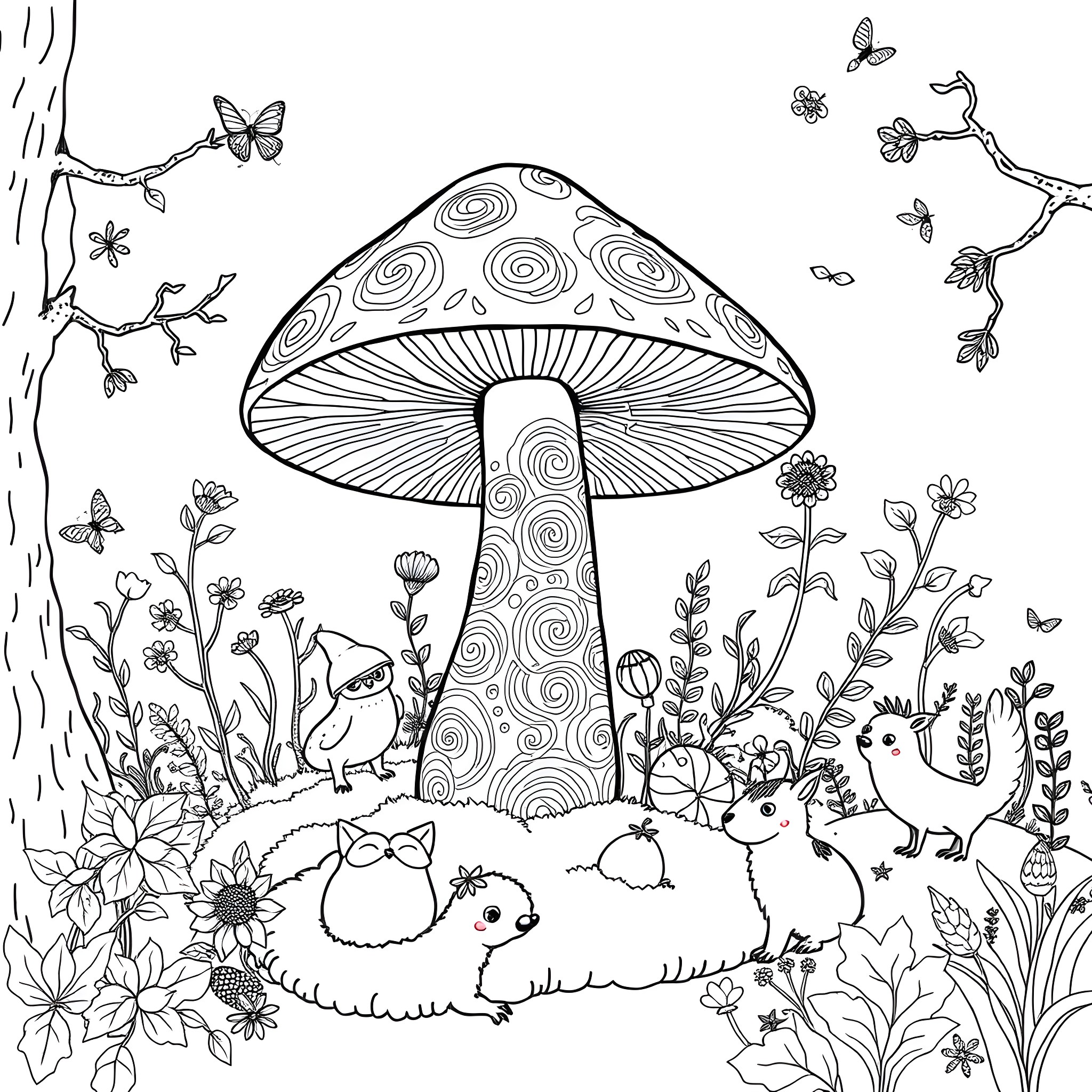 Mushroom garden with cute animals and butterflies Coloring Page (free black-and-white line drawing printable PDF for all, from beginners to advanced learners, including children, teens, adults, and seniors)