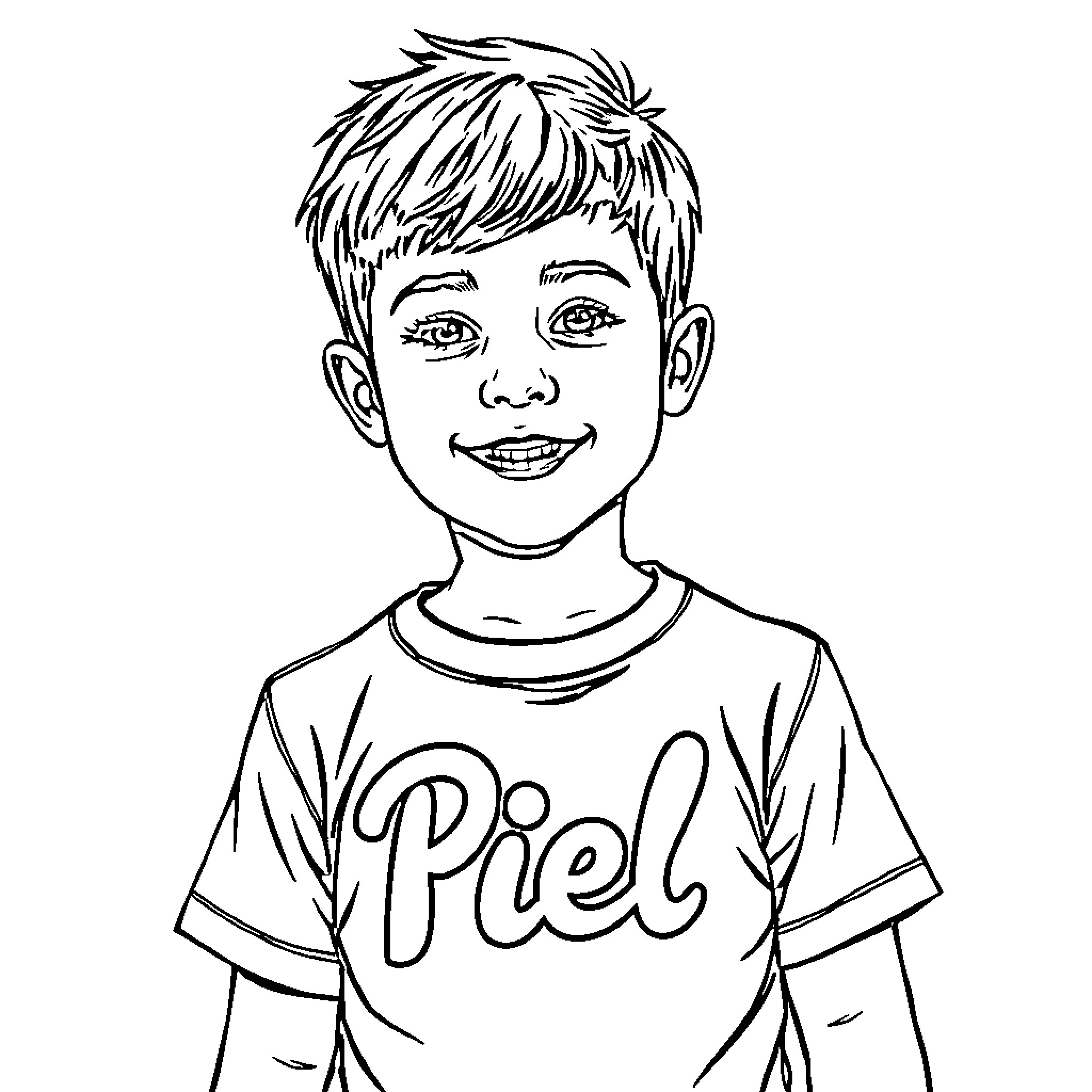Kid Wearing Shirt with Text Smiling Happily Coloring Page (free black-and-white line drawing printable PDF for all, from beginners to advanced learners, including children, teens, adults, and seniors)