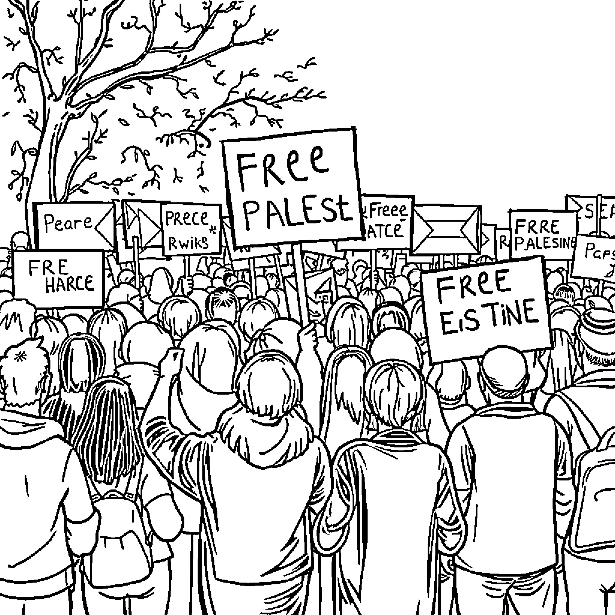 Palestine: Protesters Demanding Freedom and Justice Coloring Page (free black-and-white line drawing printable PDF for all, from beginners to advanced learners, including children, teens, adults, and seniors)