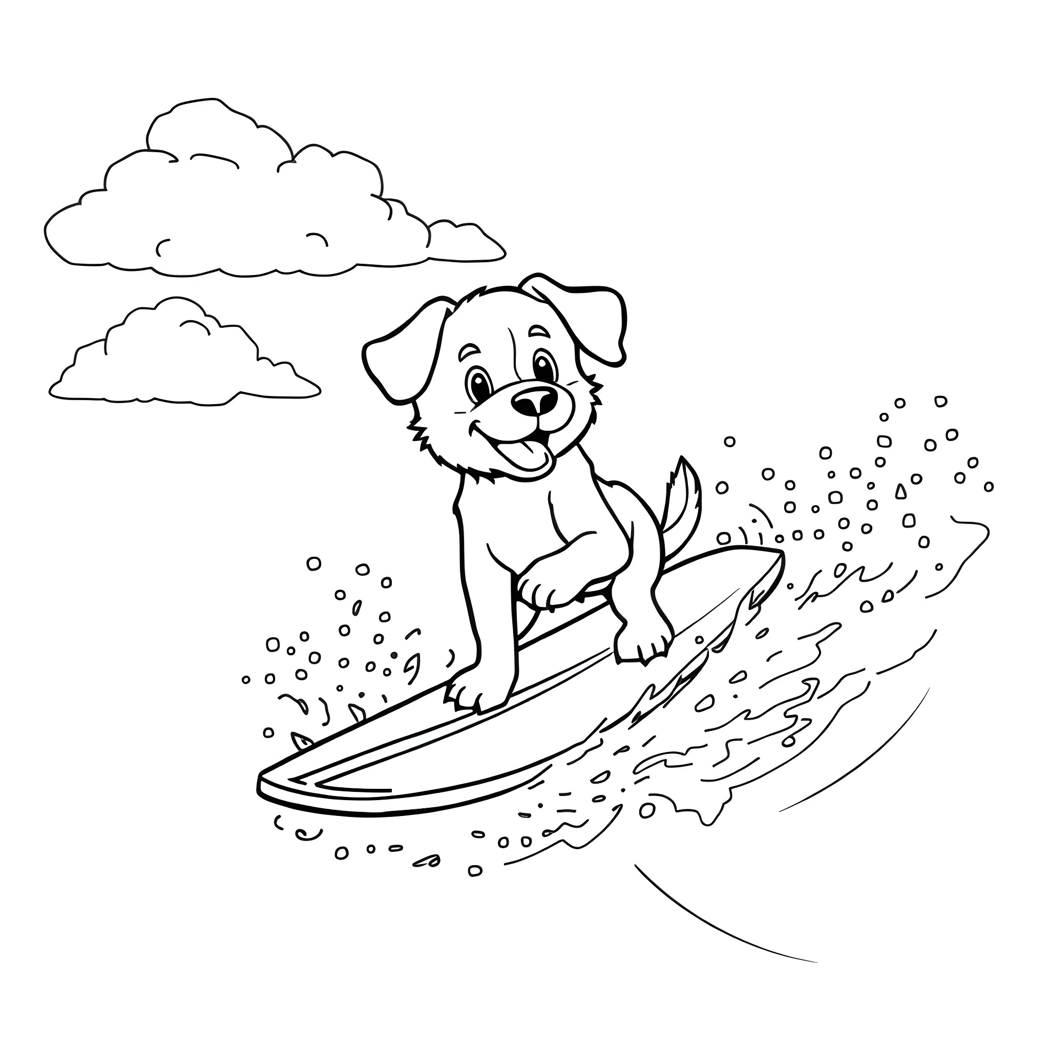 Puppy surfing on a wave in the ocean Coloring Page (free black-and-white line drawing printable PDF for all, from beginners to advanced learners, including children, teens, adults, and seniors)