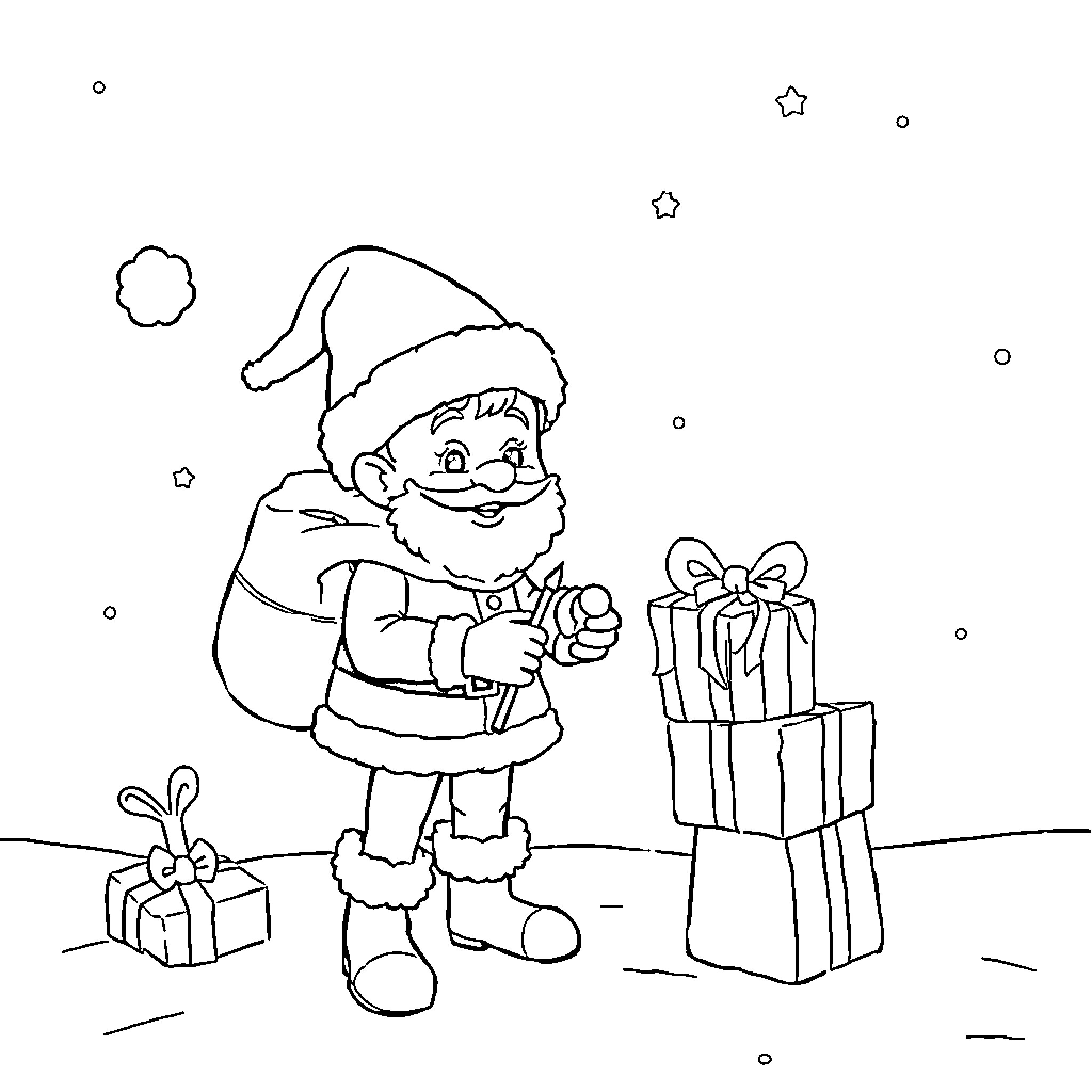 Lutin Delivering Gifts on Snowy Night Coloring Page (free black-and-white line drawing printable PDF for all, from beginners to advanced learners, including children, teens, adults, and seniors)