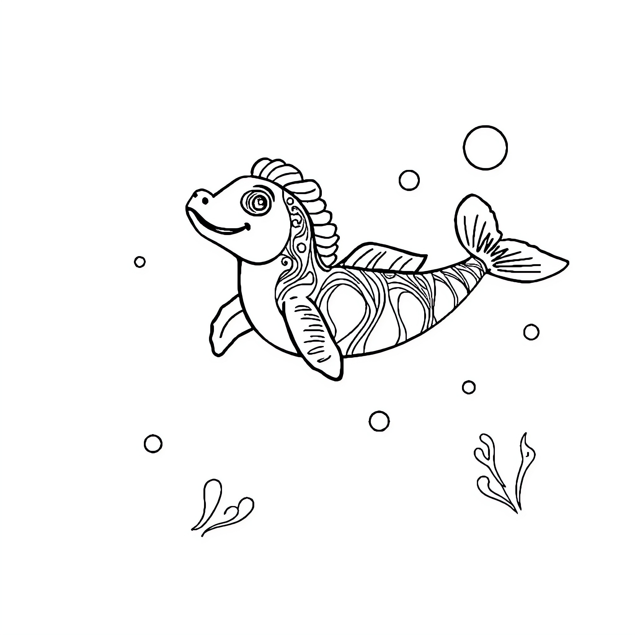 Unicorn fish swimming in the ocean Coloring Page (free black-and-white line drawing printable PDF for all, from beginners to advanced learners, including children, teens, adults, and seniors)