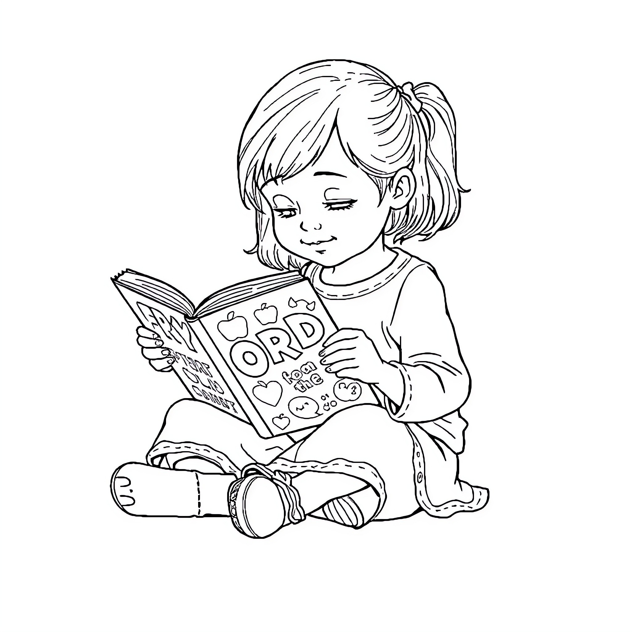 Girl Enjoying a Book with Hearts Coloring Page (free black-and-white line drawing printable PDF for all, from beginners to advanced learners, including children, teens, adults, and seniors)
