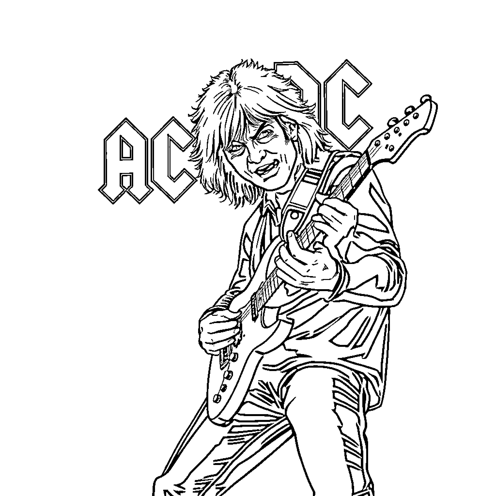 Skeleton musician playing electric guitar on stage Coloring Page (free black-and-white line drawing printable PDF for all, from beginners to advanced learners, including children, teens, adults, and seniors)