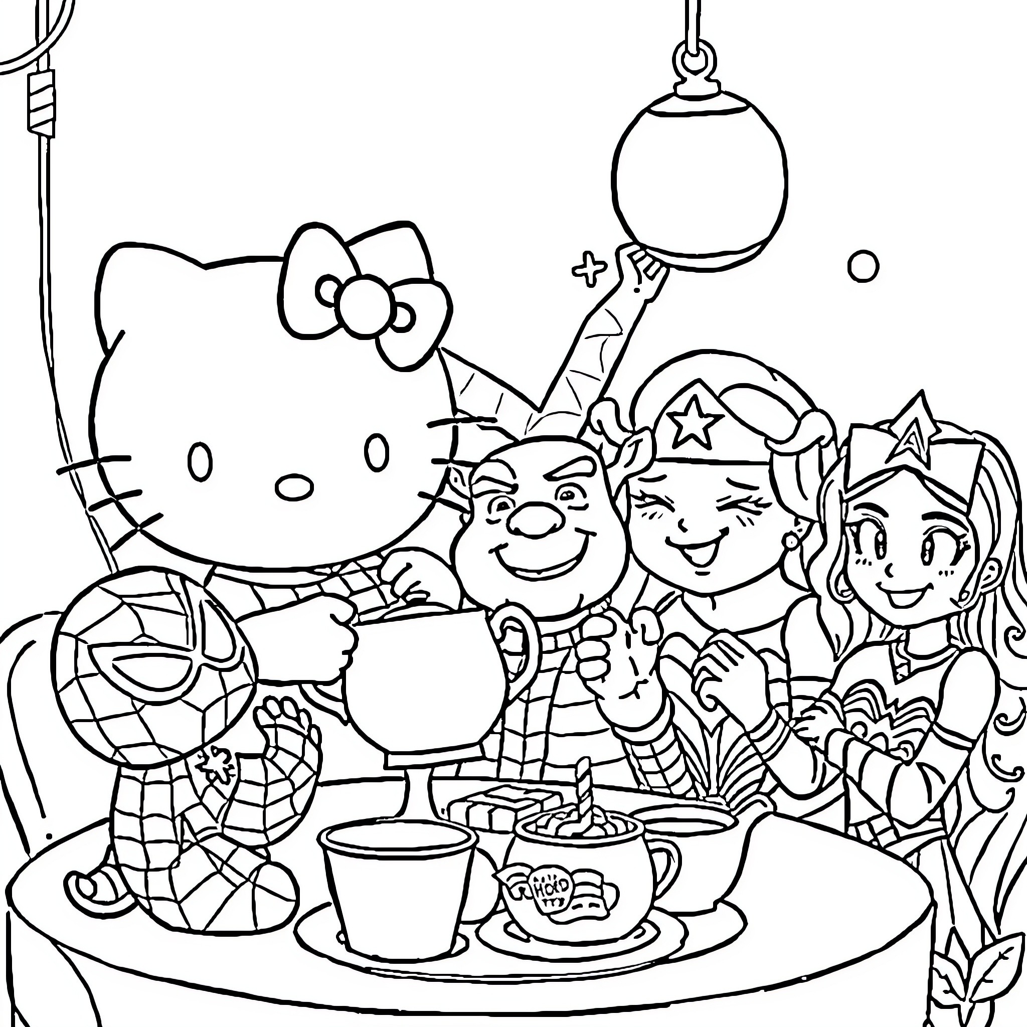 Hello Kitty and Friends Enjoy a Fun Gathering Coloring Page (free black-and-white line drawing printable PDF for all, from beginners to advanced learners, including children, teens, adults, and seniors)