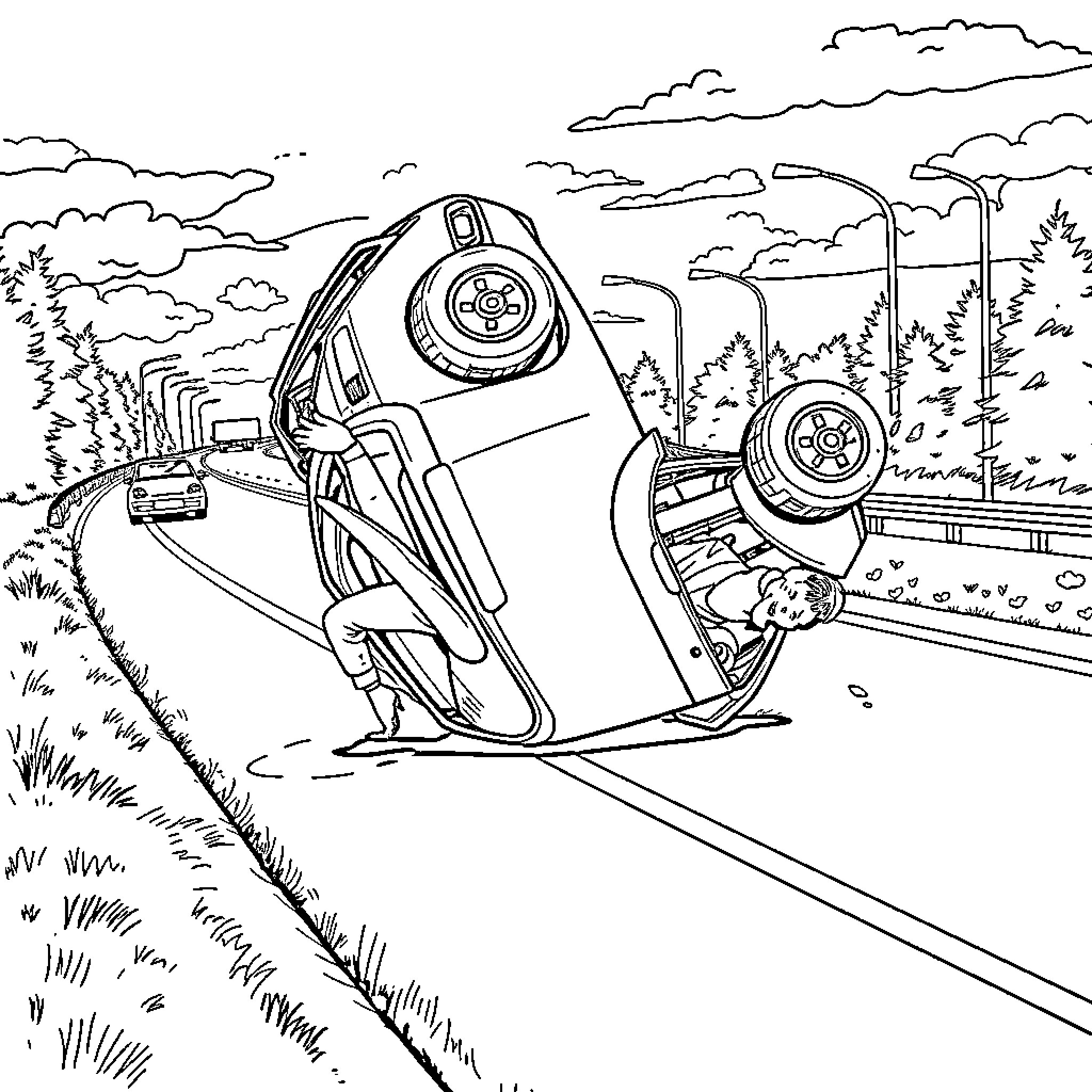 Man in Overturned Vehicle on Rural Road Coloring Page (free black-and-white line drawing printable PDF for all, from beginners to advanced learners, including children, teens, adults, and seniors)