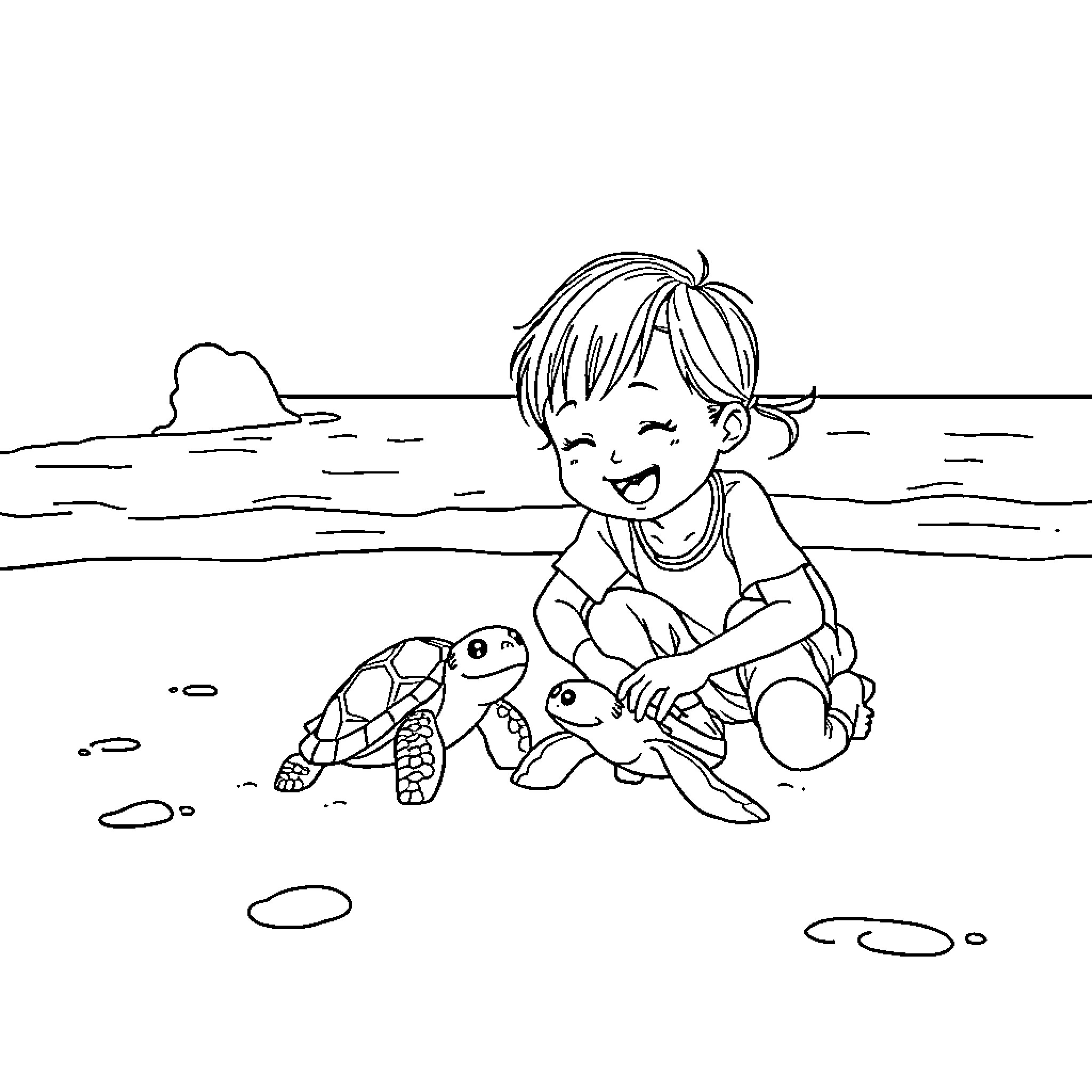 Park Jin-young playing happily with a turtle on the beach Coloring Page (free black-and-white line drawing printable PDF for all, from beginners to advanced learners, including children, teens, adults, and seniors)