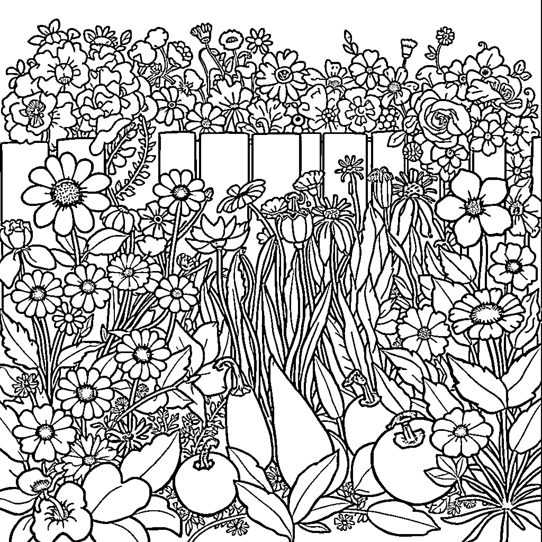 Garden filled with vibrant and diverse flowers Coloring Page (free black-and-white line drawing printable PDF for all, from beginners to advanced learners, including children, teens, adults, and seniors)