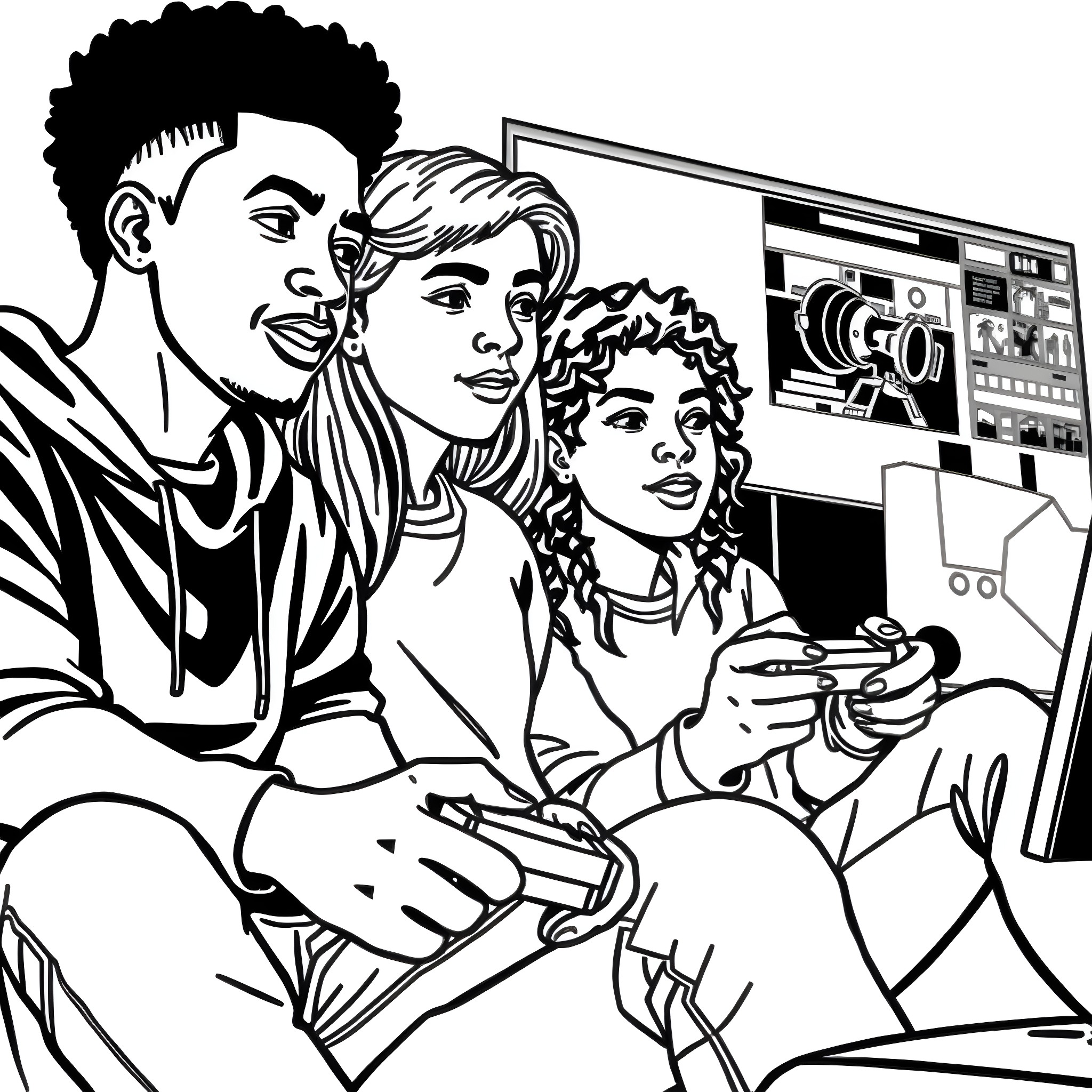 Teen Guy Enjoying Gaming with Friends Coloring Page (free black-and-white line drawing printable PDF for all, from beginners to advanced learners, including children, teens, adults, and seniors)