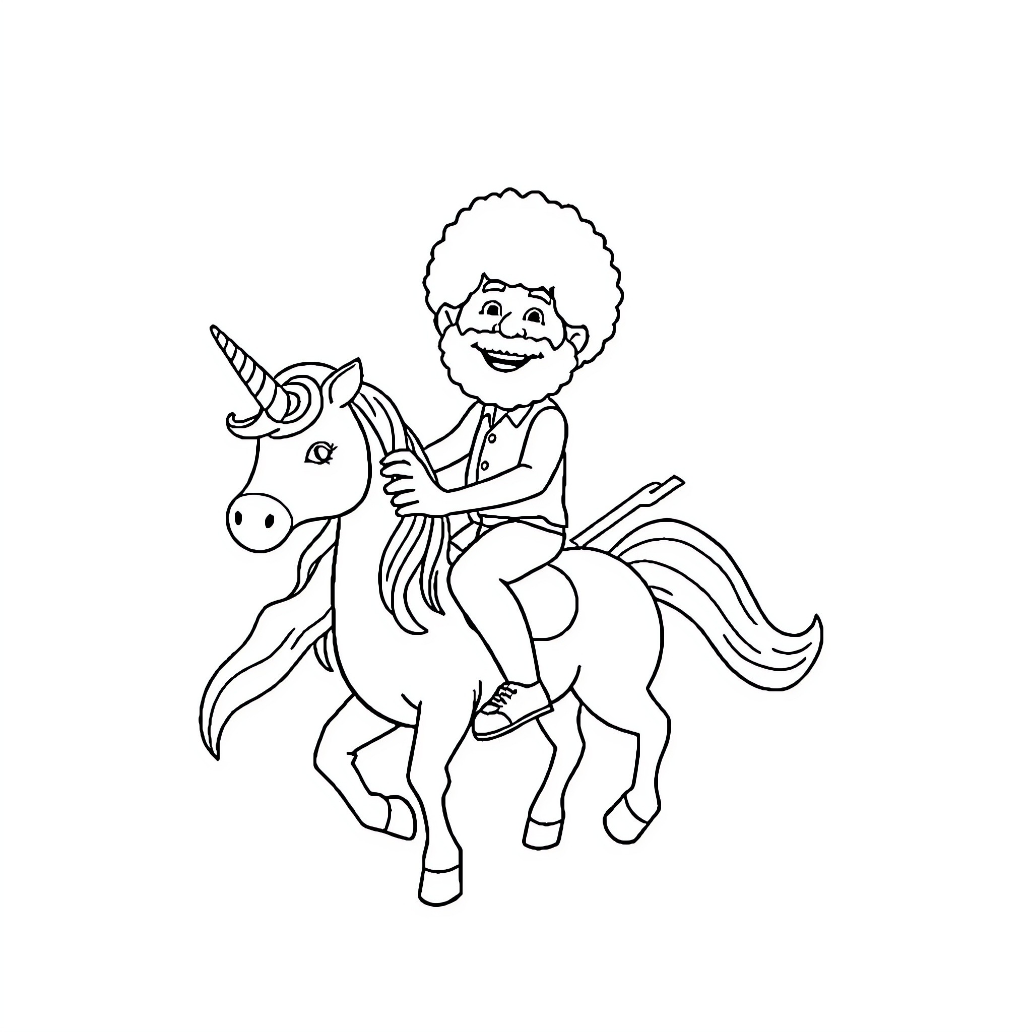 Bob Ross riding a unicorn with joy Coloring Page (free black-and-white line drawing printable PDF for all, from beginners to advanced learners, including children, teens, adults, and seniors)