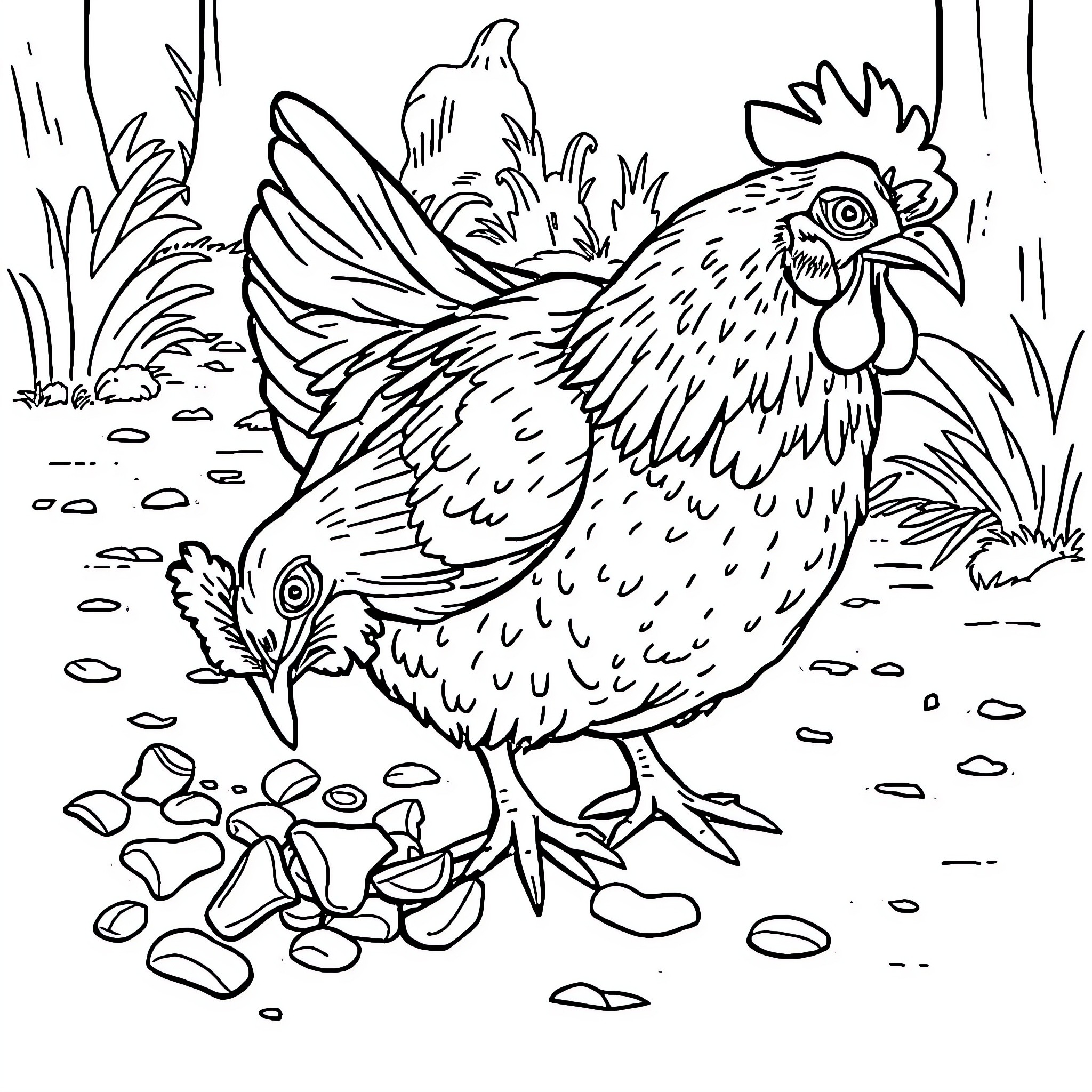 Chicken pecking grains on the ground Coloring Page (free black-and-white line drawing printable PDF for all, from beginners to advanced learners, including children, teens, adults, and seniors)